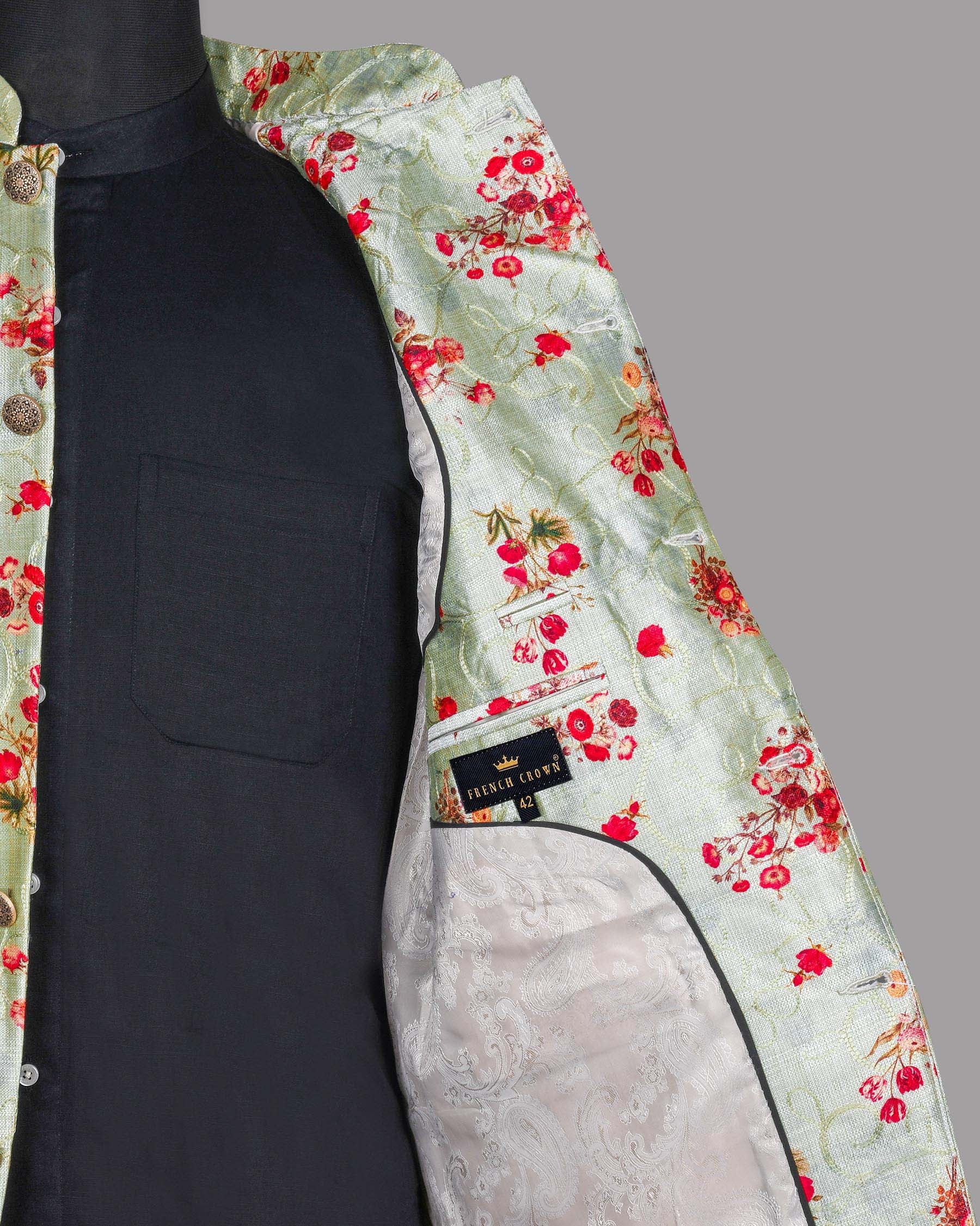 Mint Tonal Embroidered and Red flowers Printed Bandhgala/Mandarin Designer Suit