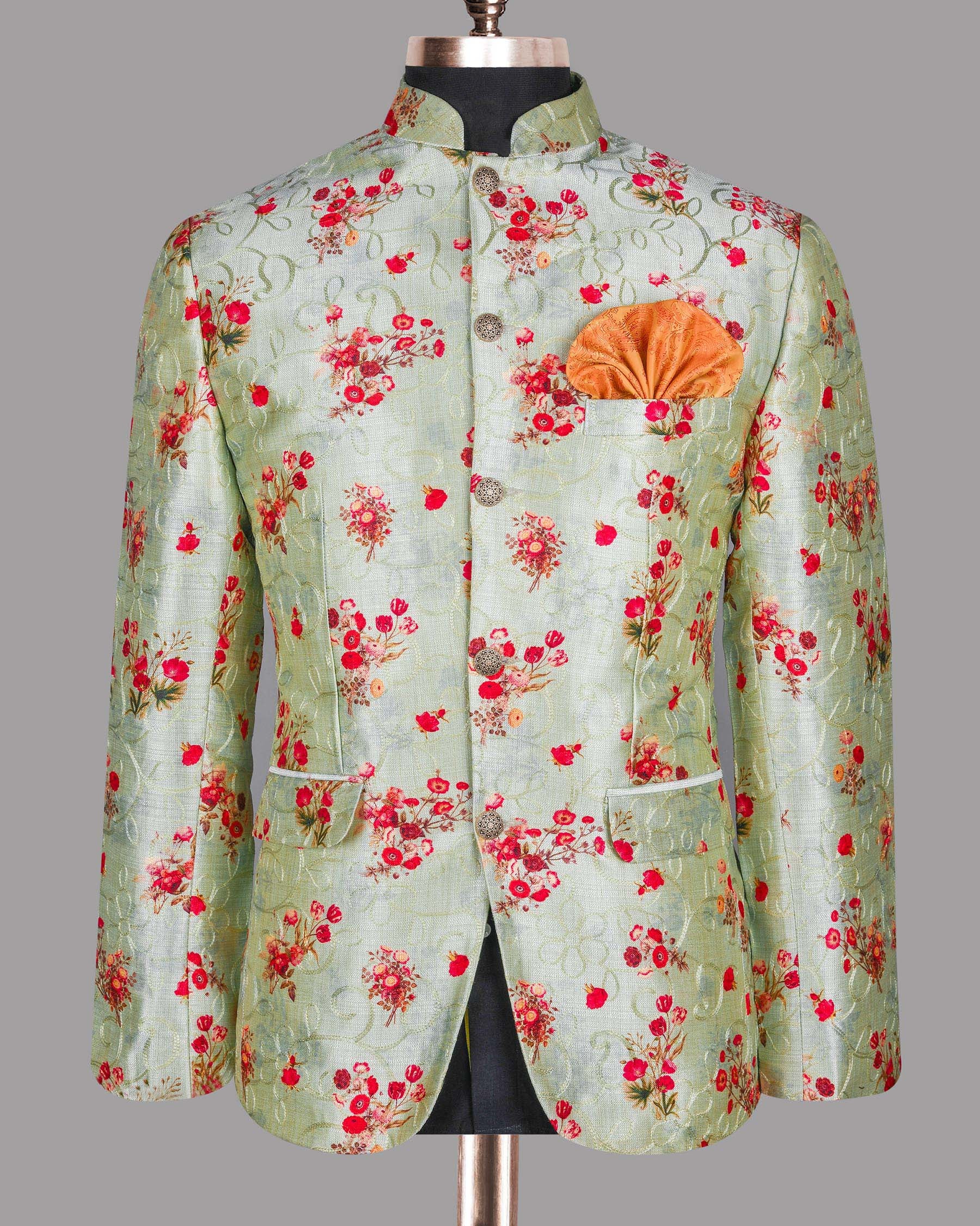 Mint Tonal Embroidered and Red flowers Printed Bandhgala/Mandarin Designer Suit