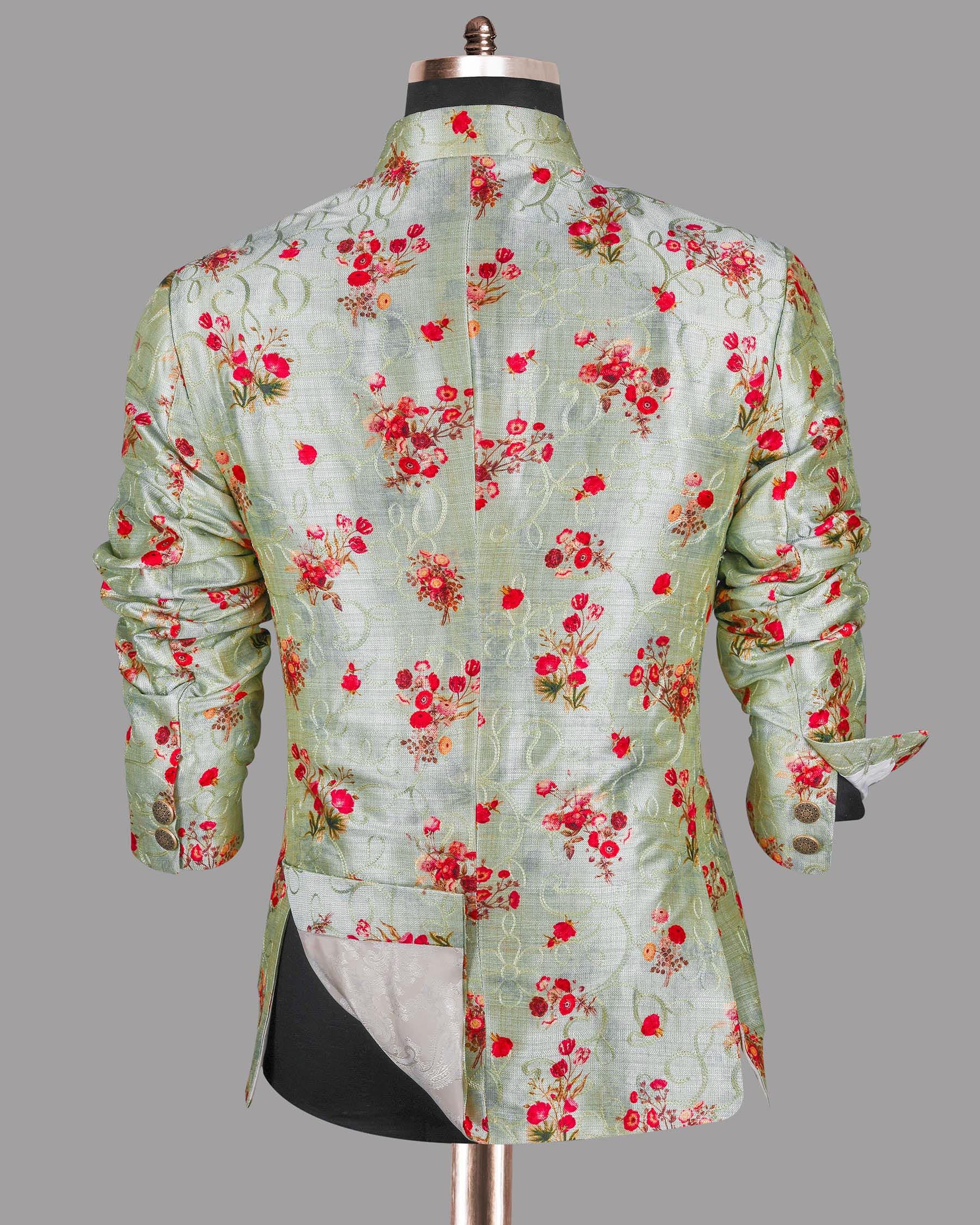 Mint Tonal Embroidered and Red flowers Printed Bandhgala/Mandarin Designer Suit