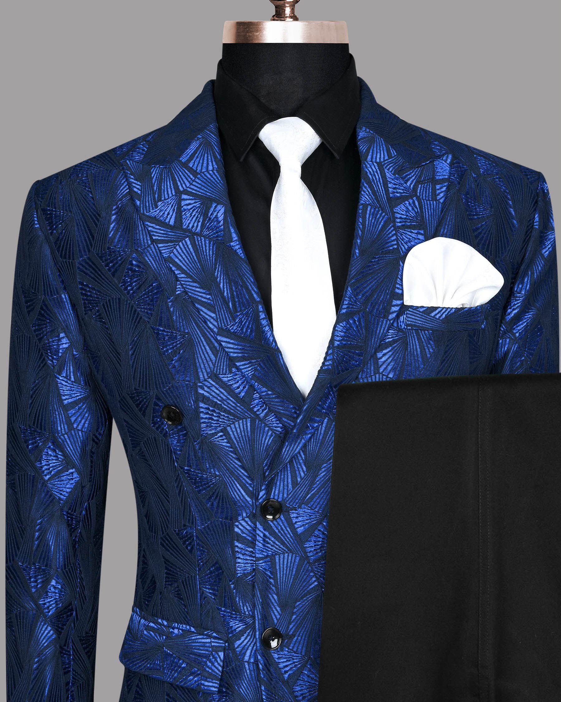Cobalt Blue Geometric Patterned Designer Double Breasted Suit