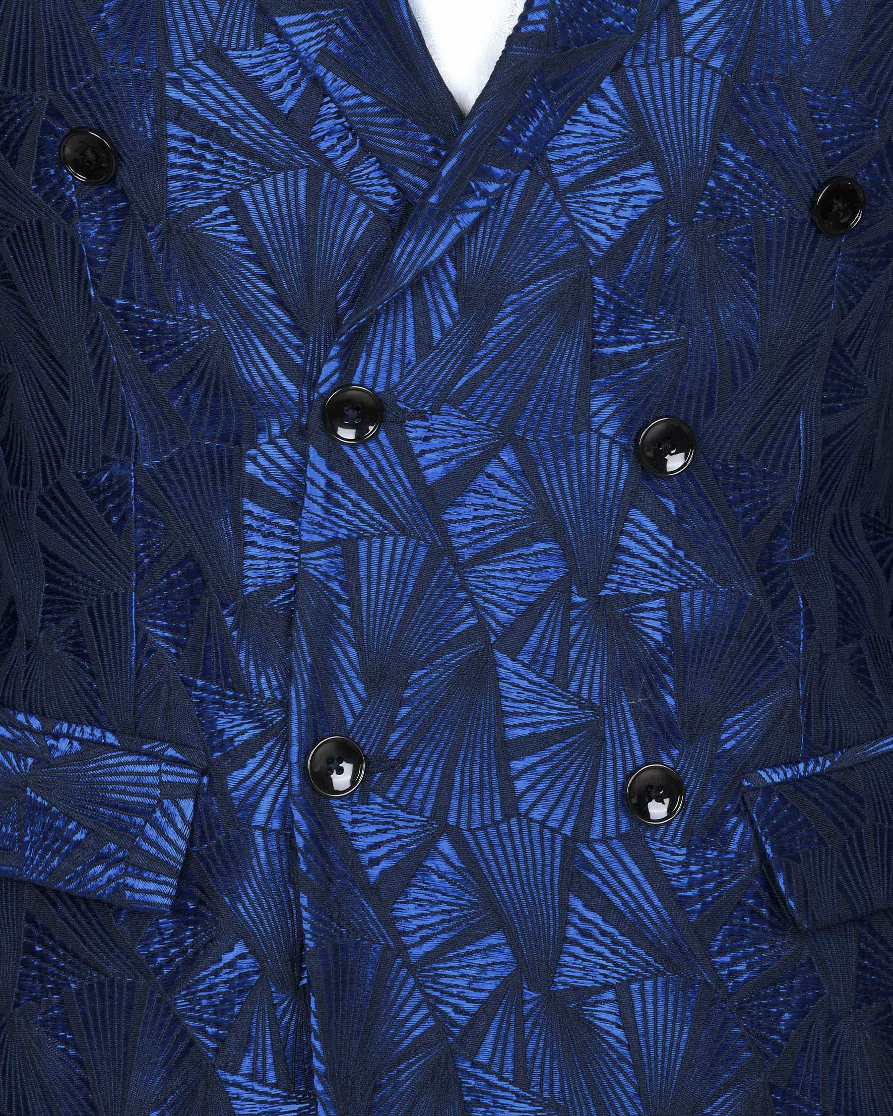 Cobalt Blue Geometric Patterned Designer Double Breasted Suit