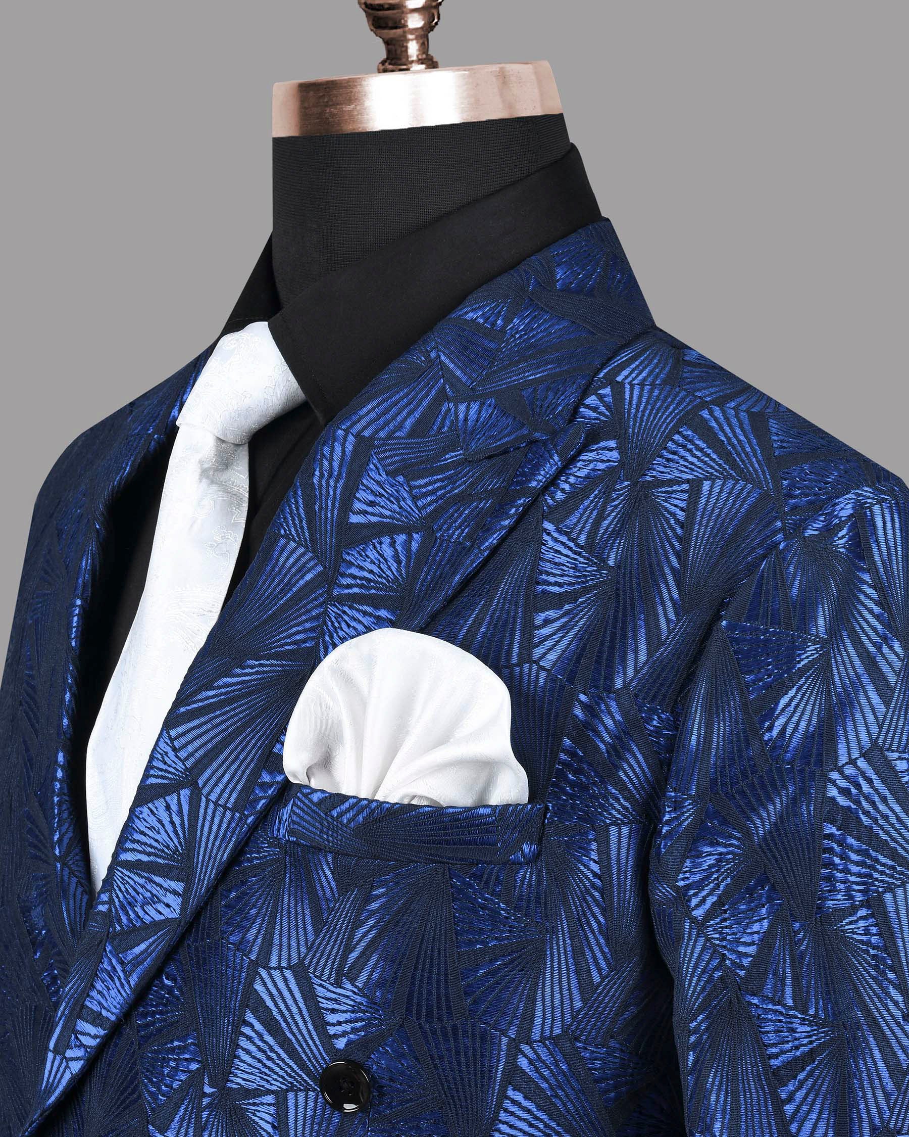 Cobalt Blue Geometric Patterned Designer Double Breasted Suit