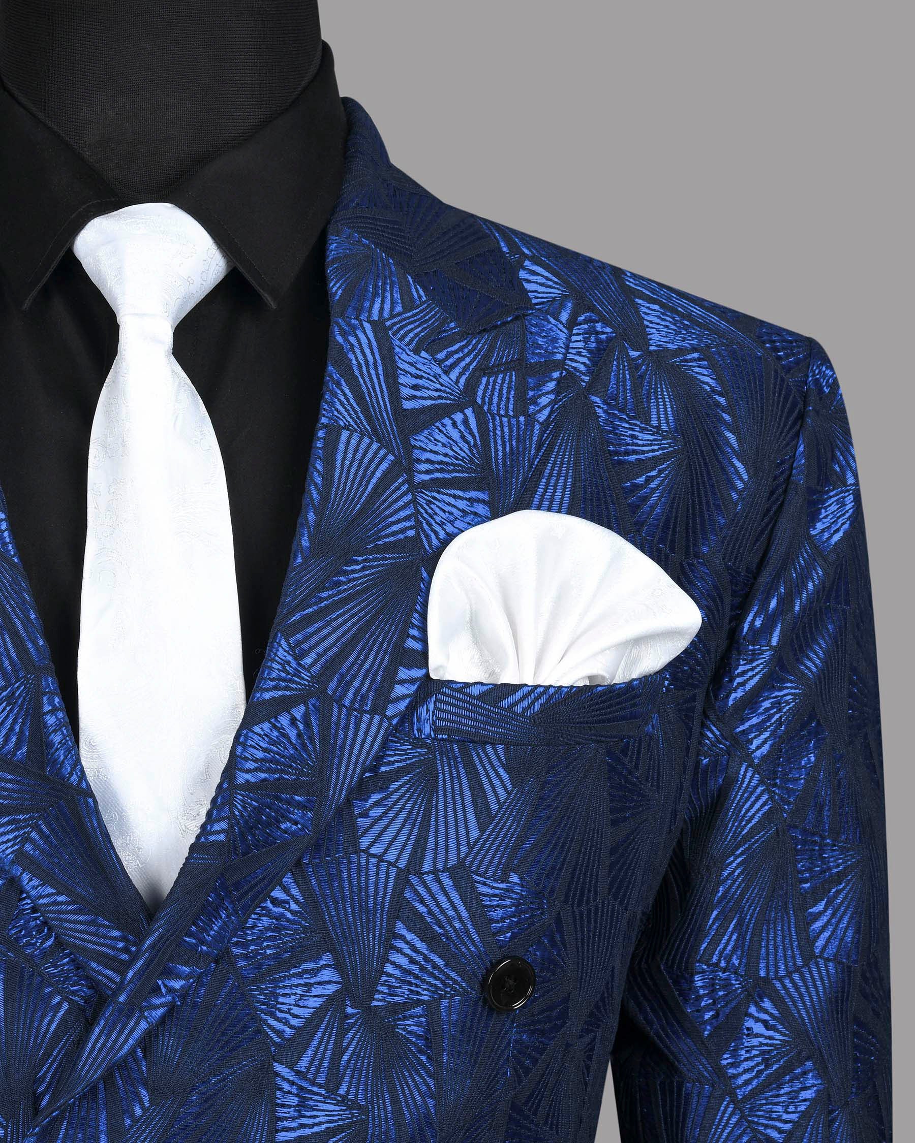 Cobalt Blue Geometric Patterned Designer Double Breasted Suit