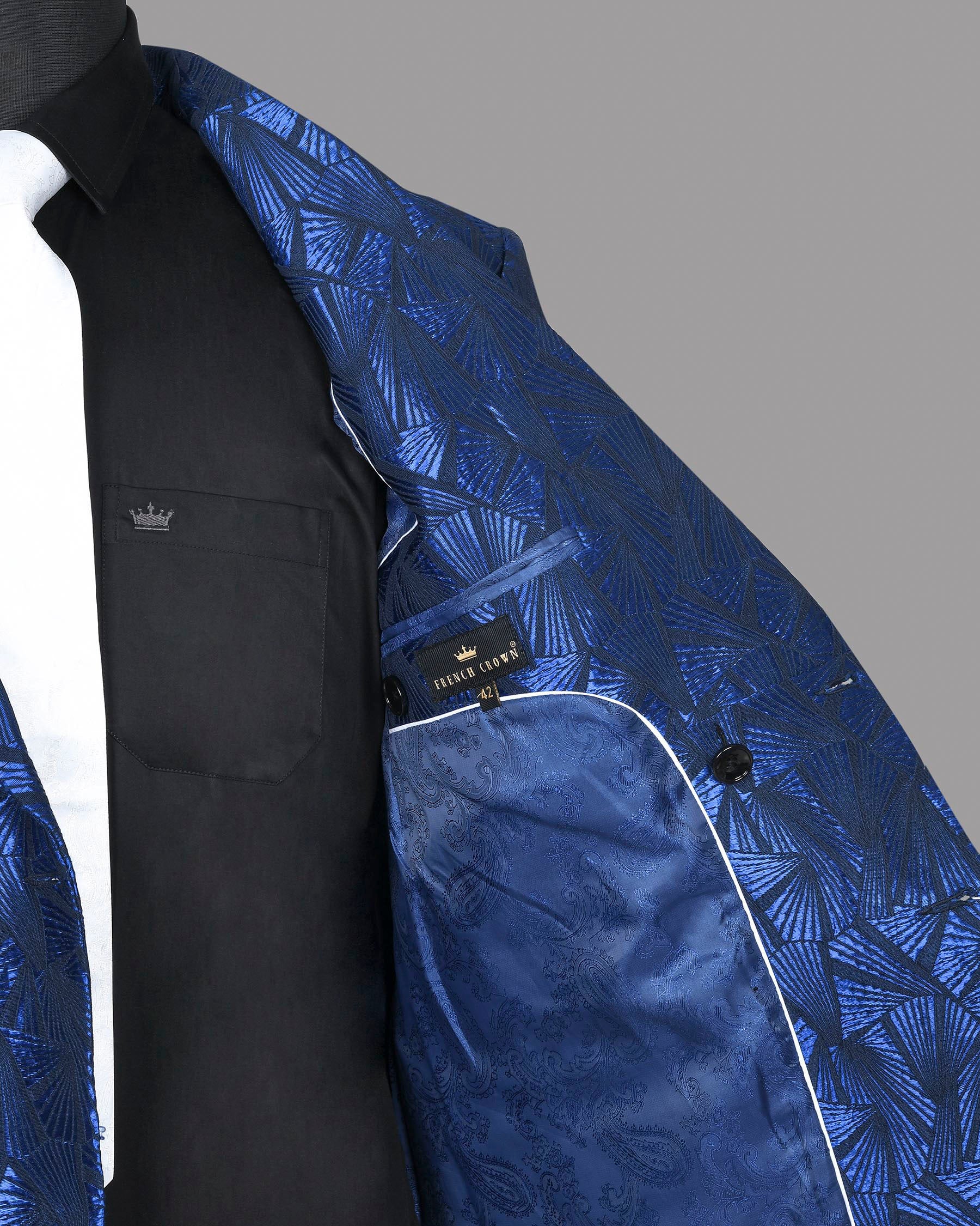 Cobalt Blue Geometric Patterned Designer Double Breasted Suit
