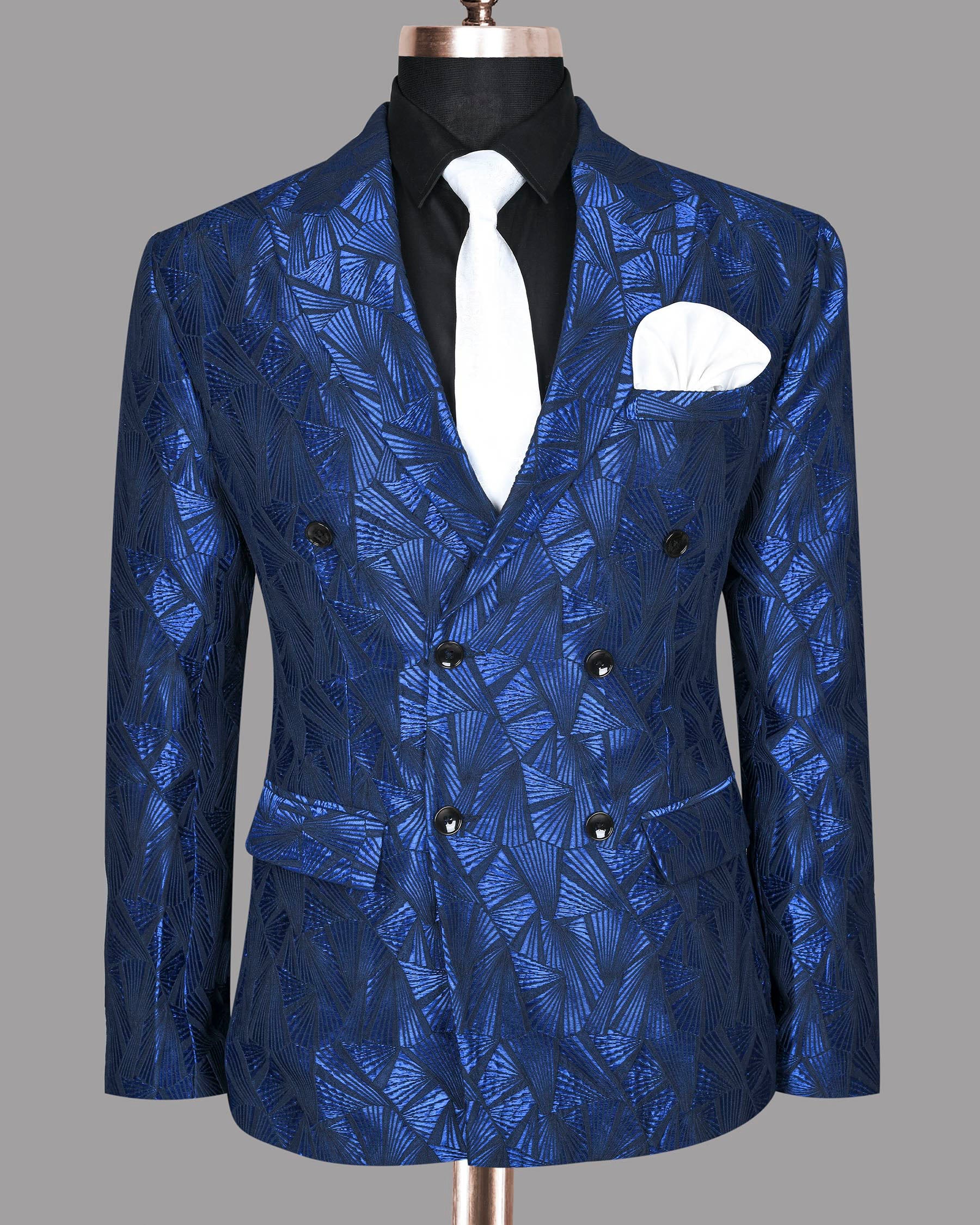 Cobalt Blue Geometric Patterned Designer Double Breasted Suit