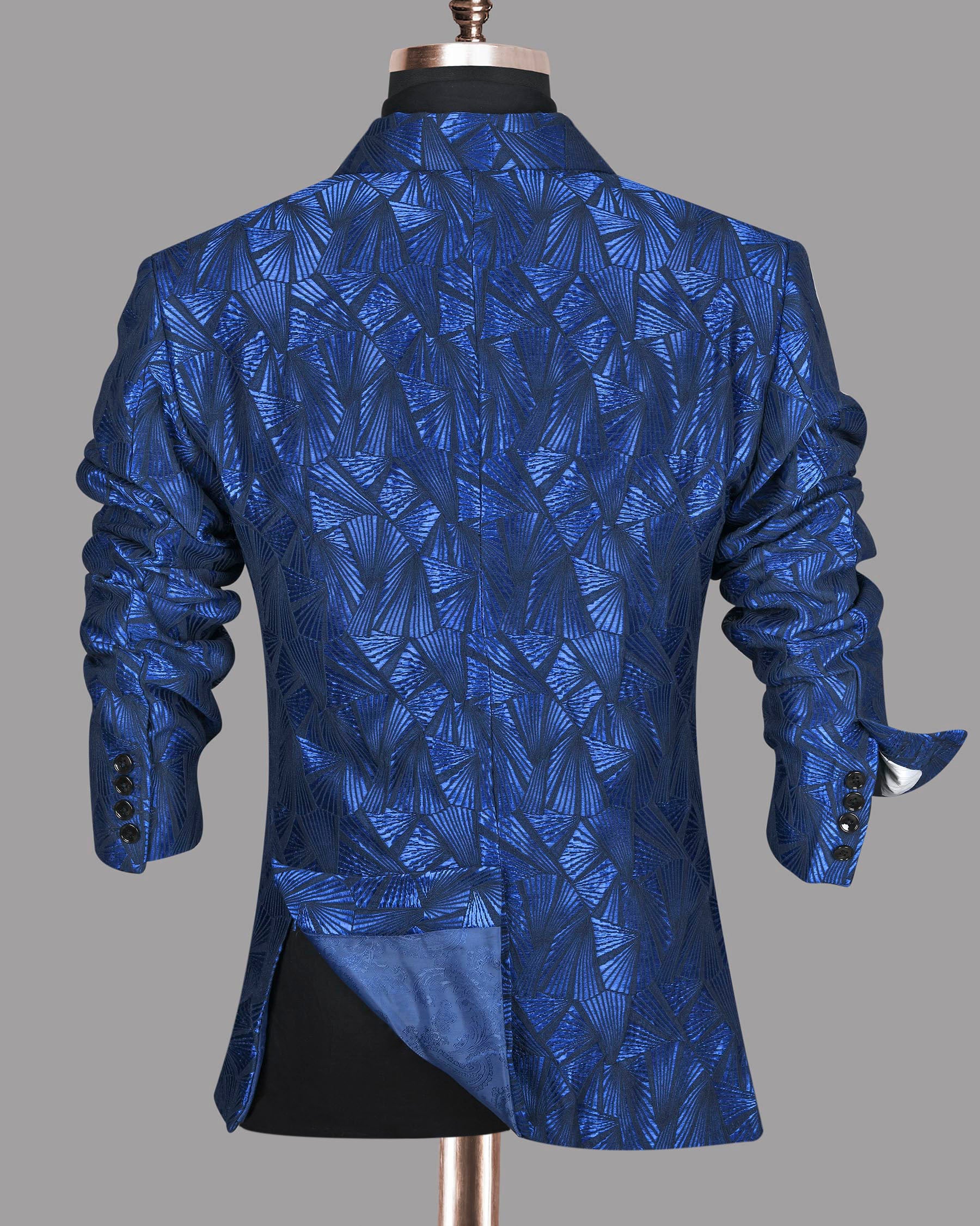 Cobalt Blue Geometric Patterned Designer Double Breasted Suit