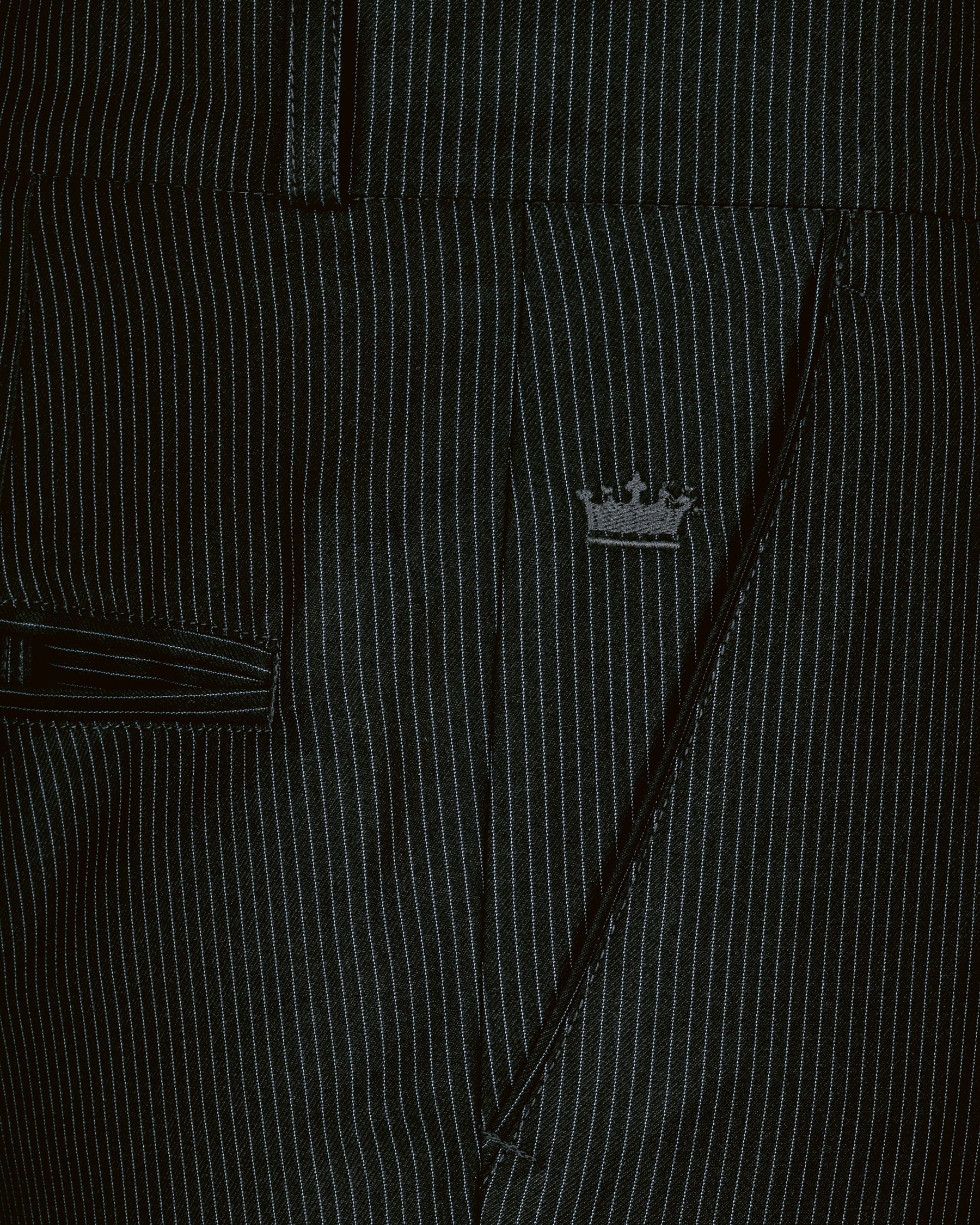 Jade Black Pinstriped Cross Placket Bandhgala/Mandarin Wool-Silk blend Suit