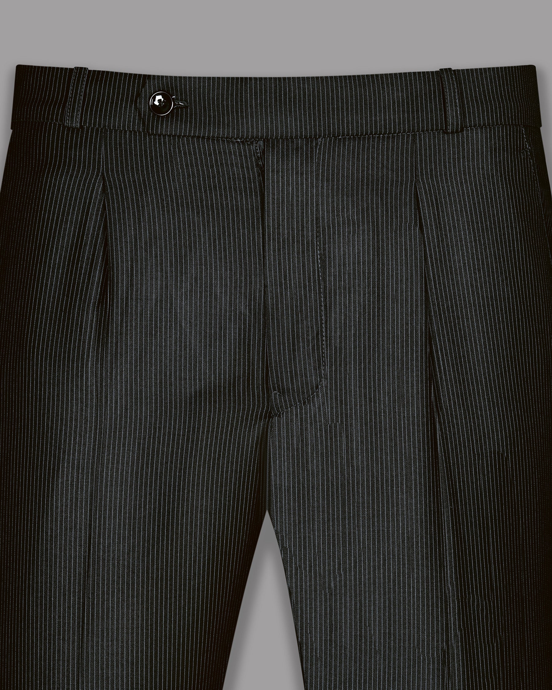 Jade Black Pinstriped Cross Placket Bandhgala/Mandarin Wool-Silk blend Suit