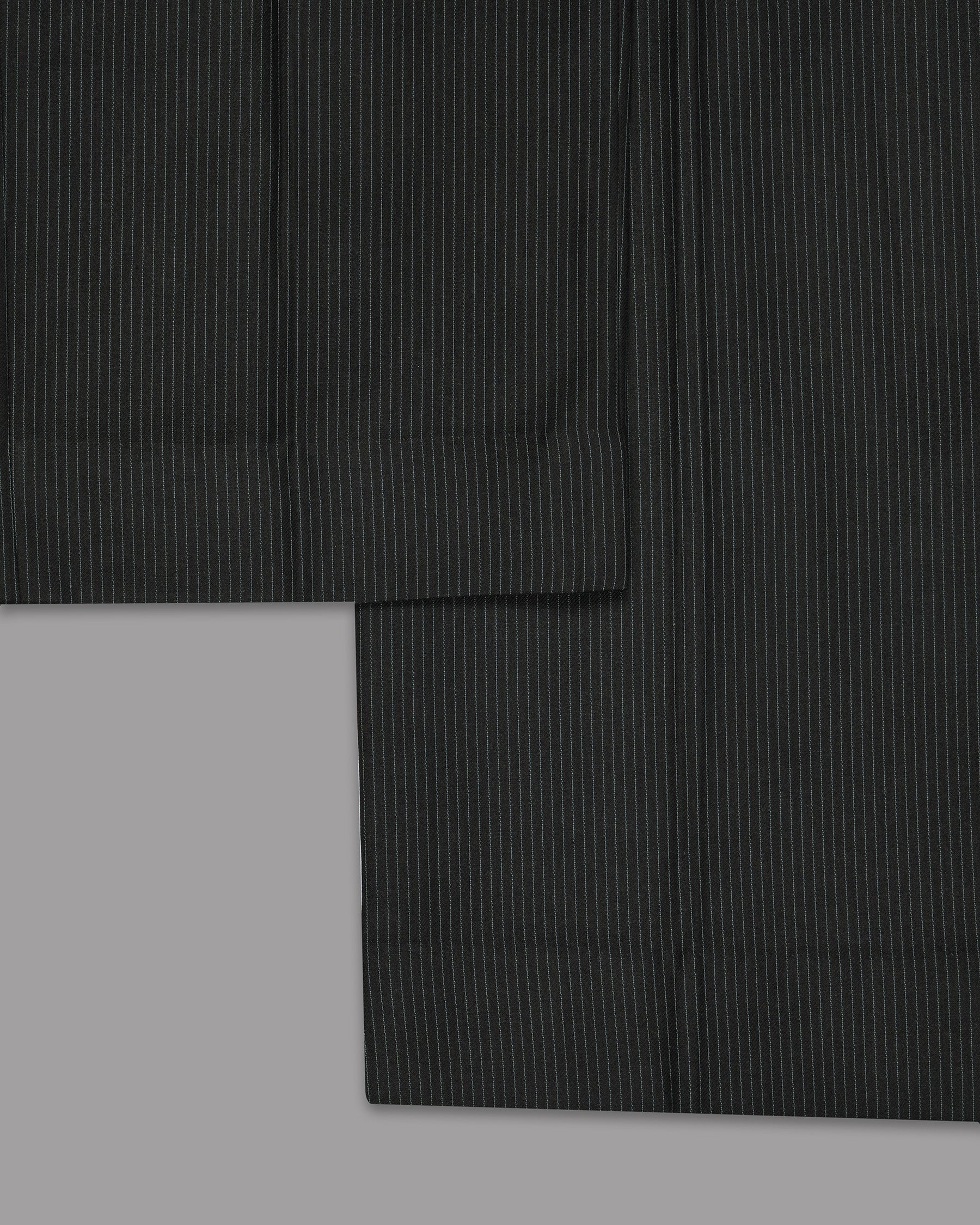 Jade Black Pinstriped Cross Placket Bandhgala/Mandarin Wool-Silk blend Suit