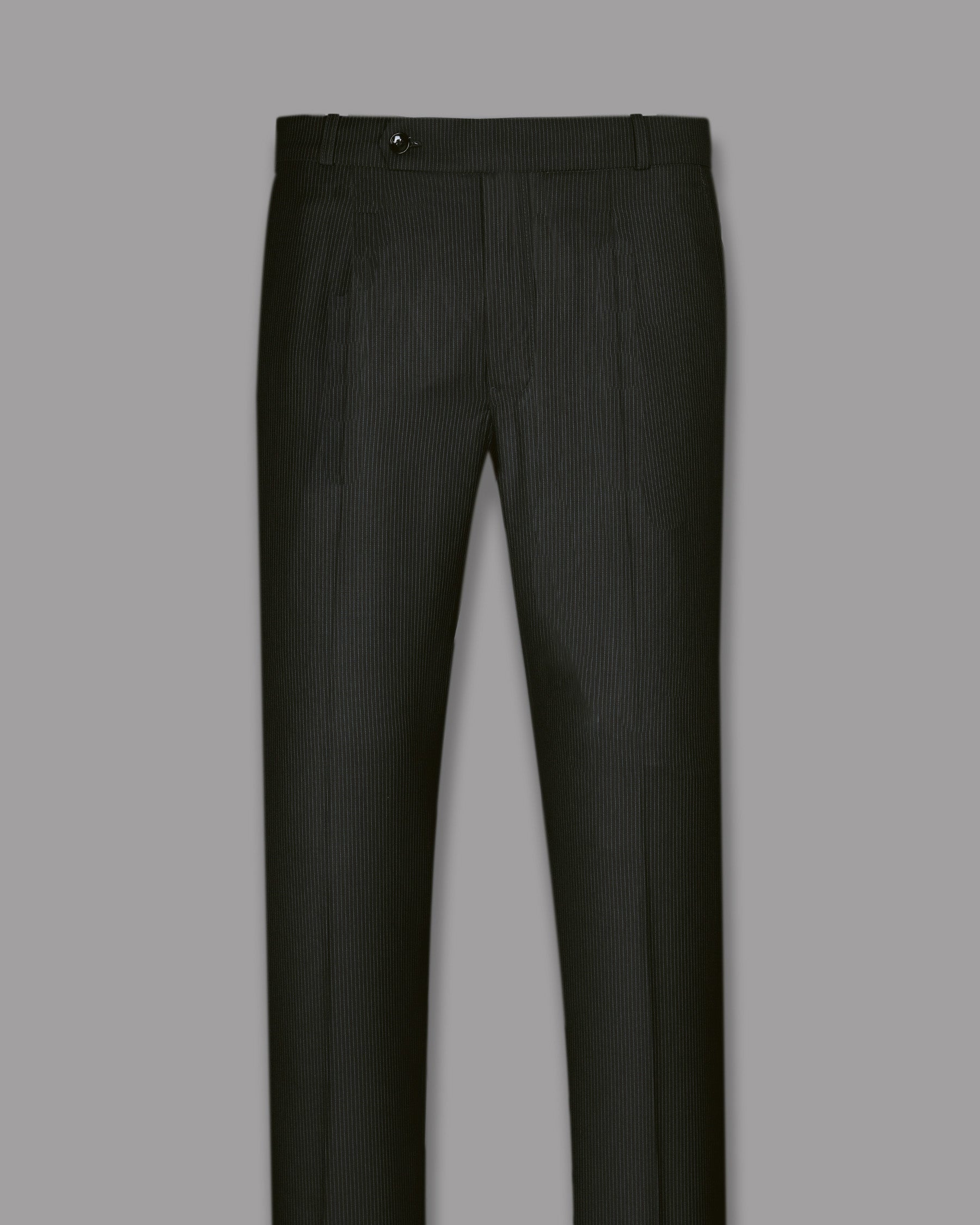 Jade Black Pinstriped Cross Placket Bandhgala/Mandarin Wool-Silk blend Suit