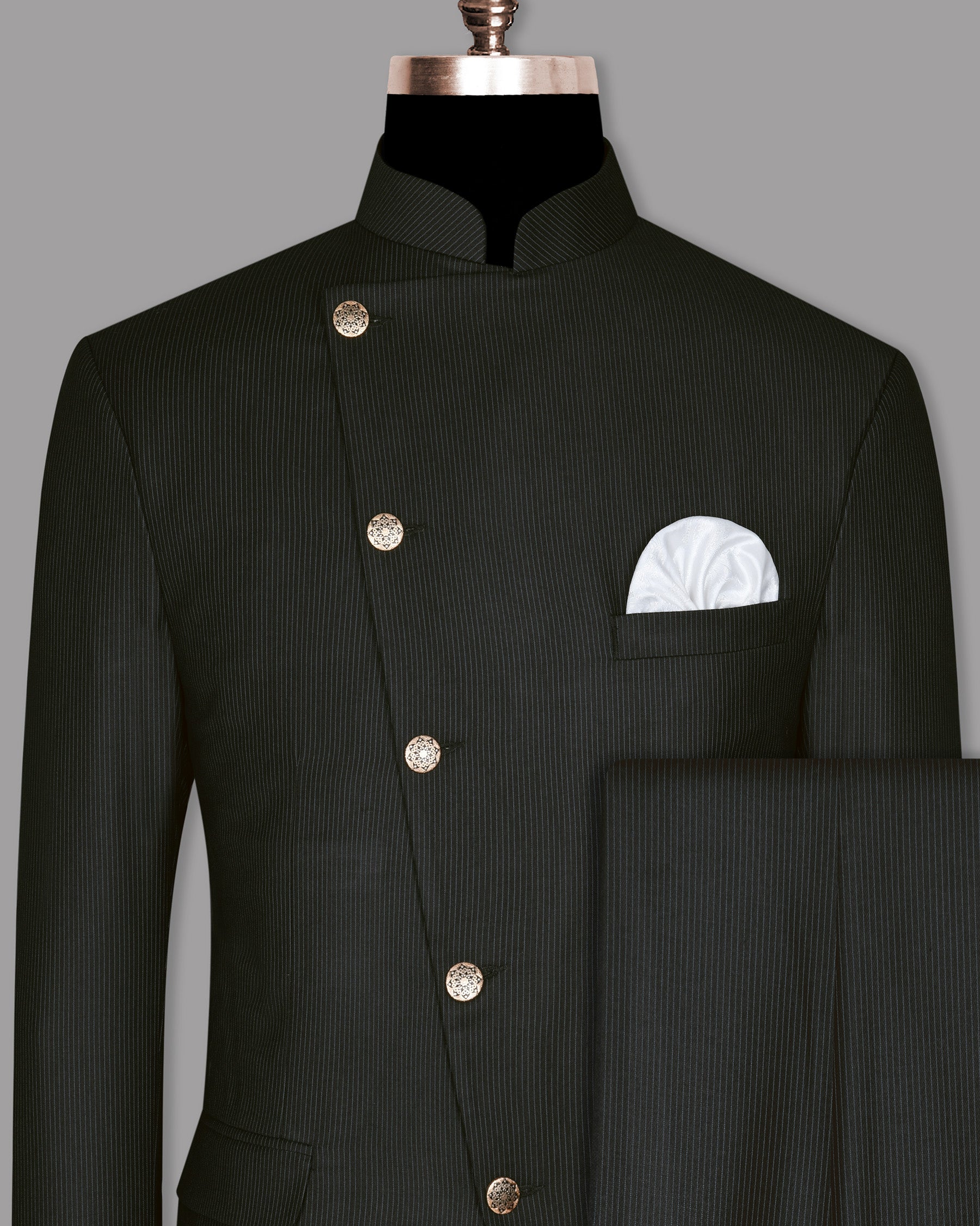 Jade Black Pinstriped Cross Placket Bandhgala/Mandarin Wool-Silk blend Suit