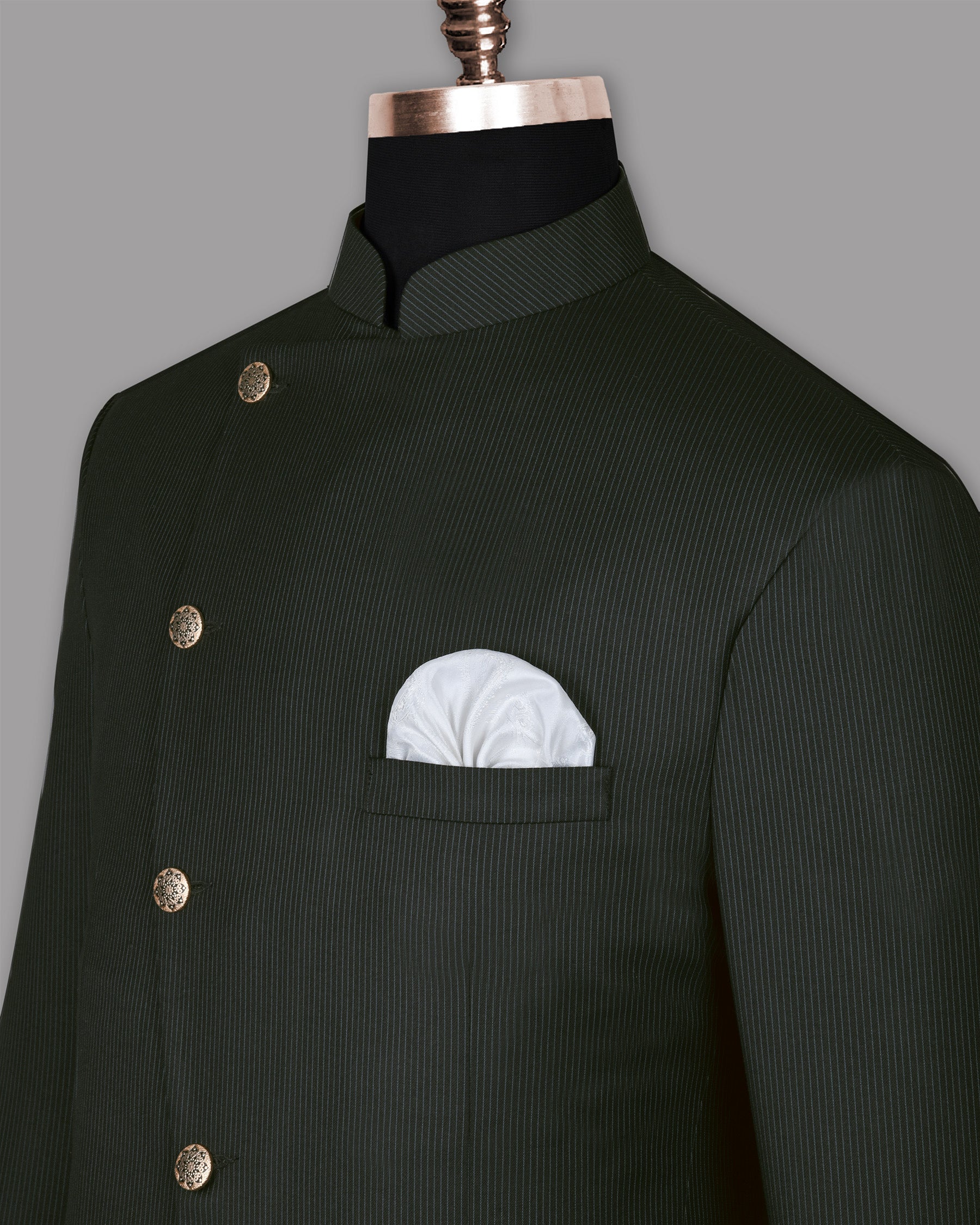 Jade Black Pinstriped Cross Placket Bandhgala/Mandarin Wool-Silk blend Suit