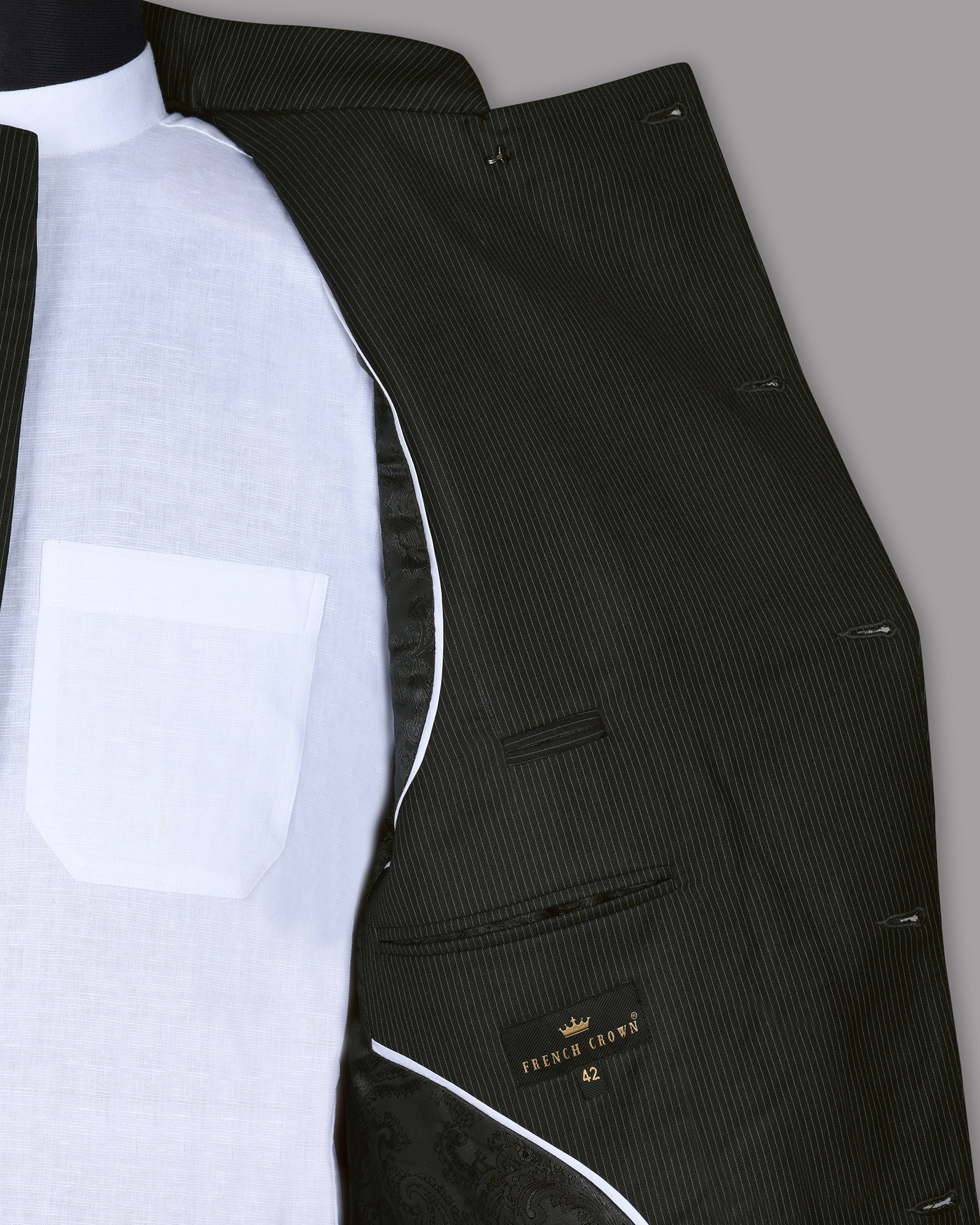 Jade Black Pinstriped Cross Placket Bandhgala/Mandarin Wool-Silk blend Suit