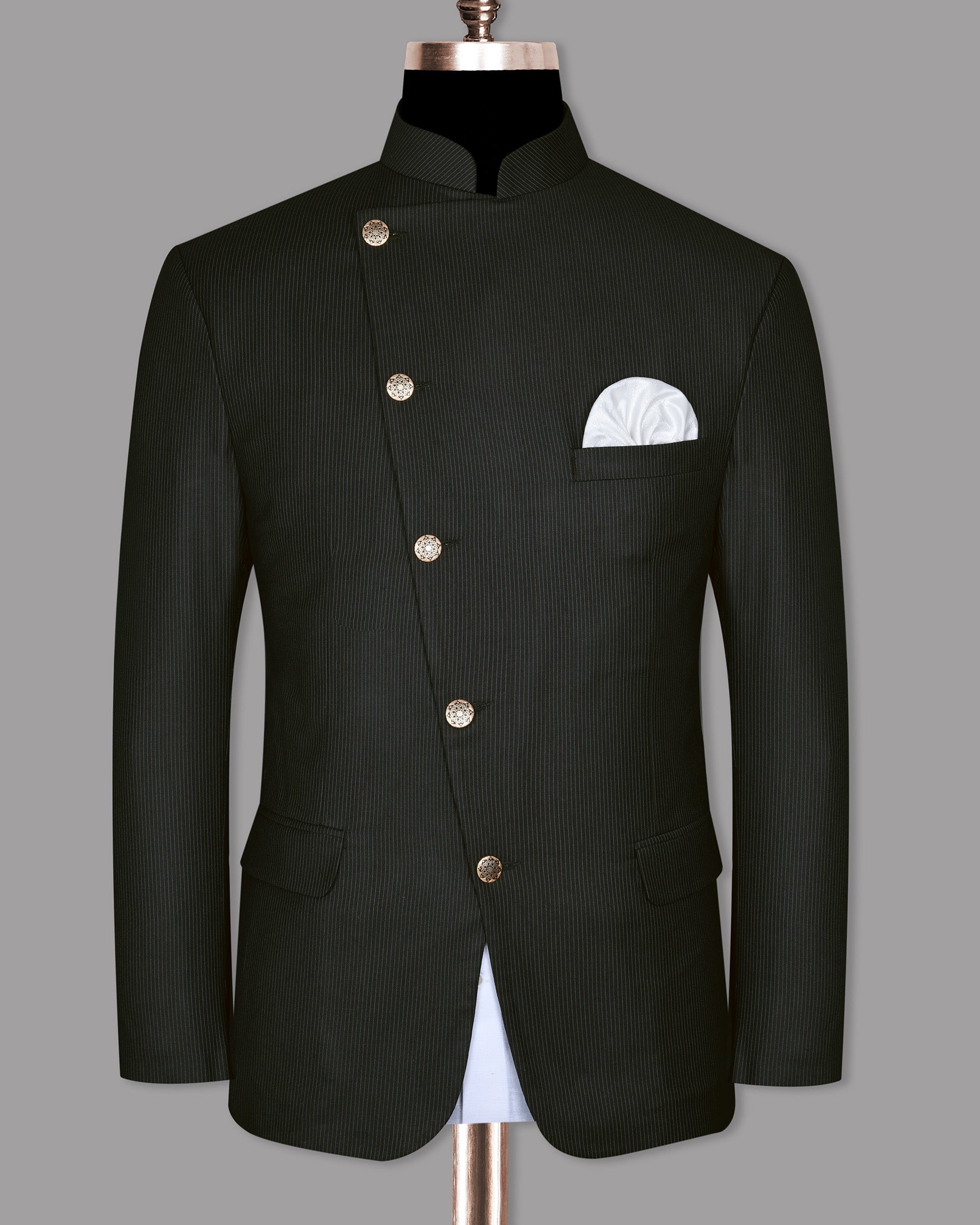 Jade Black Pinstriped Cross Placket Bandhgala/Mandarin Wool-Silk blend Suit