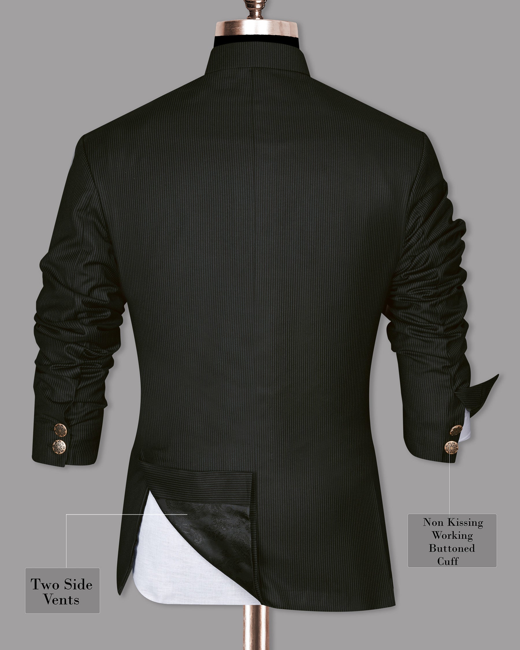Jade Black Pinstriped Cross Placket Bandhgala/Mandarin Wool-Silk blend Suit