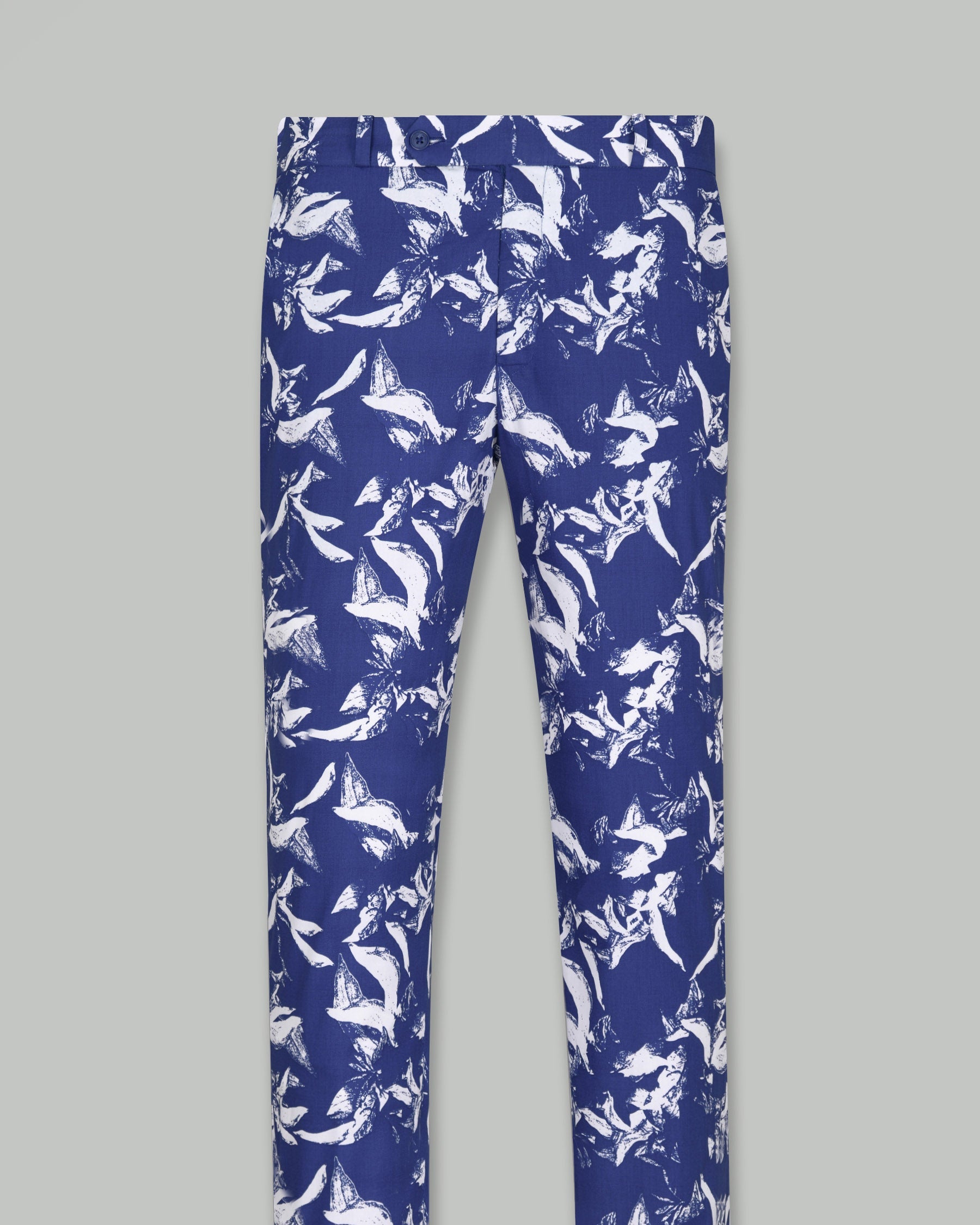 White with royal blue Flowers Printed Premium Cotton Designer Lounge Pant