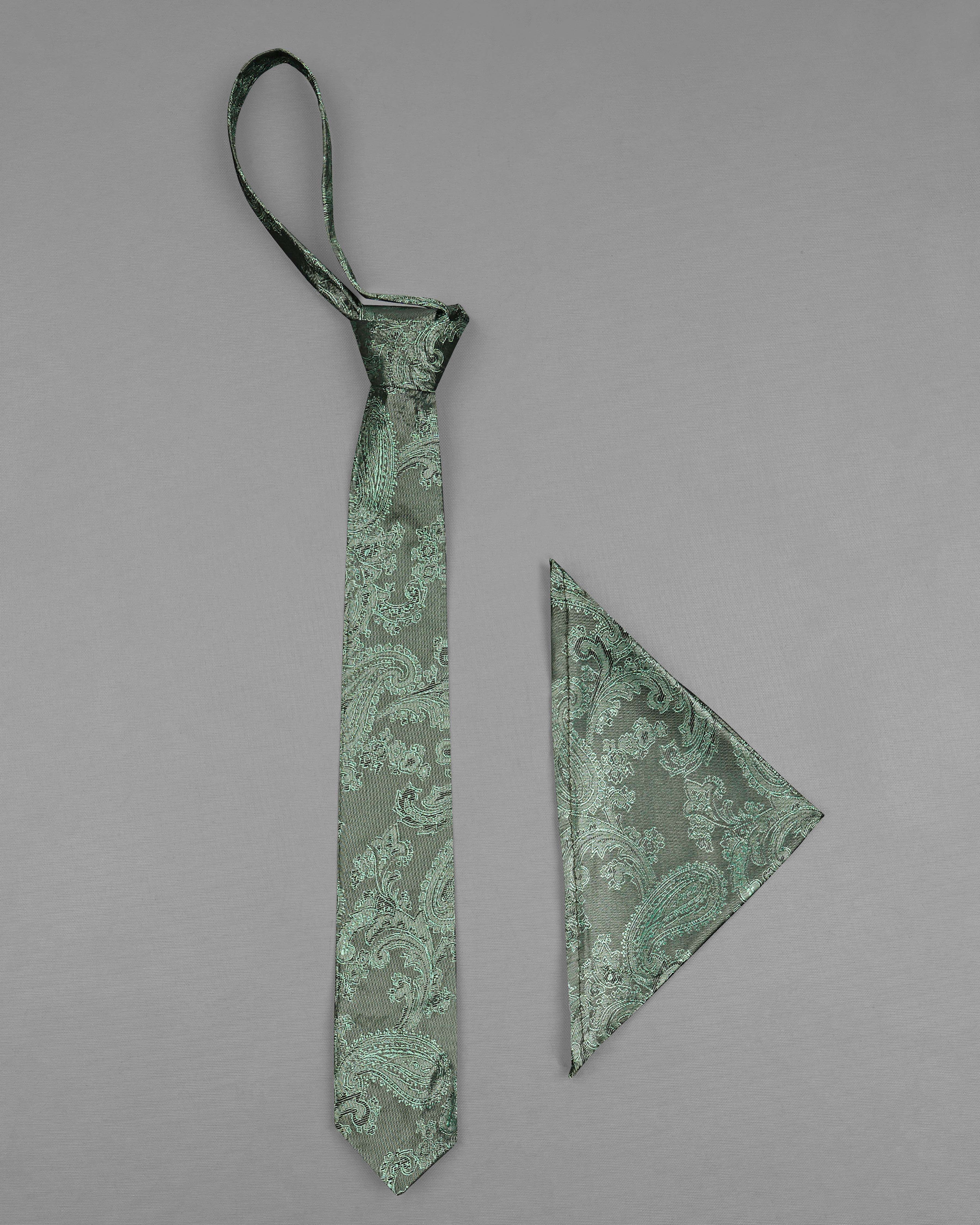 Sirocco Gray and Skeptic Dark Green Two Tone Paisley Jacquard Tie with Pocket Square TP036