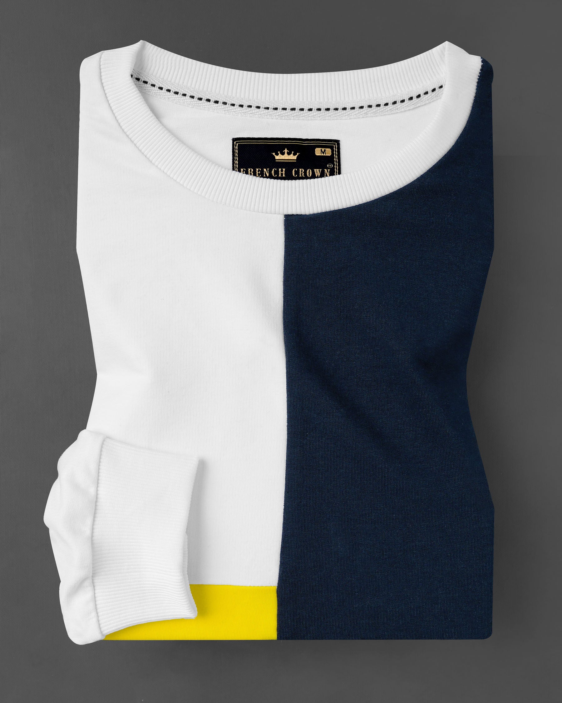 Bright White with Mirage Navy Blue and Aureolin Yellow Colour Block Sweatshirt TS589-S, TS589-M, TS589-L, TS589-XL, TS589-XXL