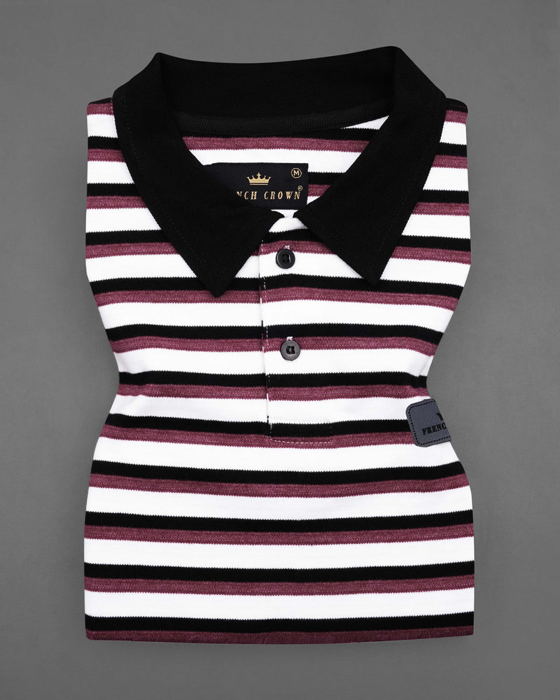 Bright White with Black and Camelot Maroon Striped Super Soft Organic Pique Polo TS602-S, TS602-M, TS602-L, TS602-XL, TS602-XXL, TS602-3XL, TS602-4XL