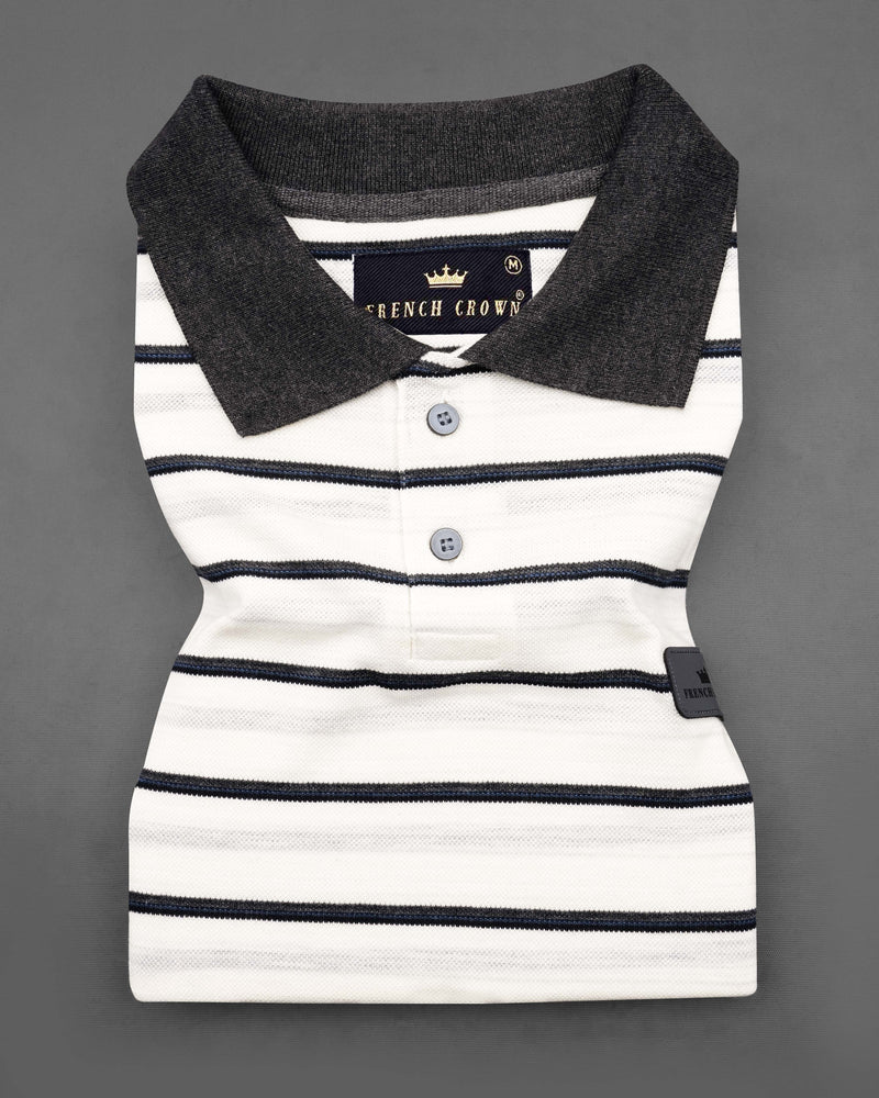 Bright White with Jade Black Striped Super Soft Organic Pique Polo TS606-S, TS606-M, TS606-L, TS606-XL, TS606-XXL, TS606-3XL, TS606-4XL