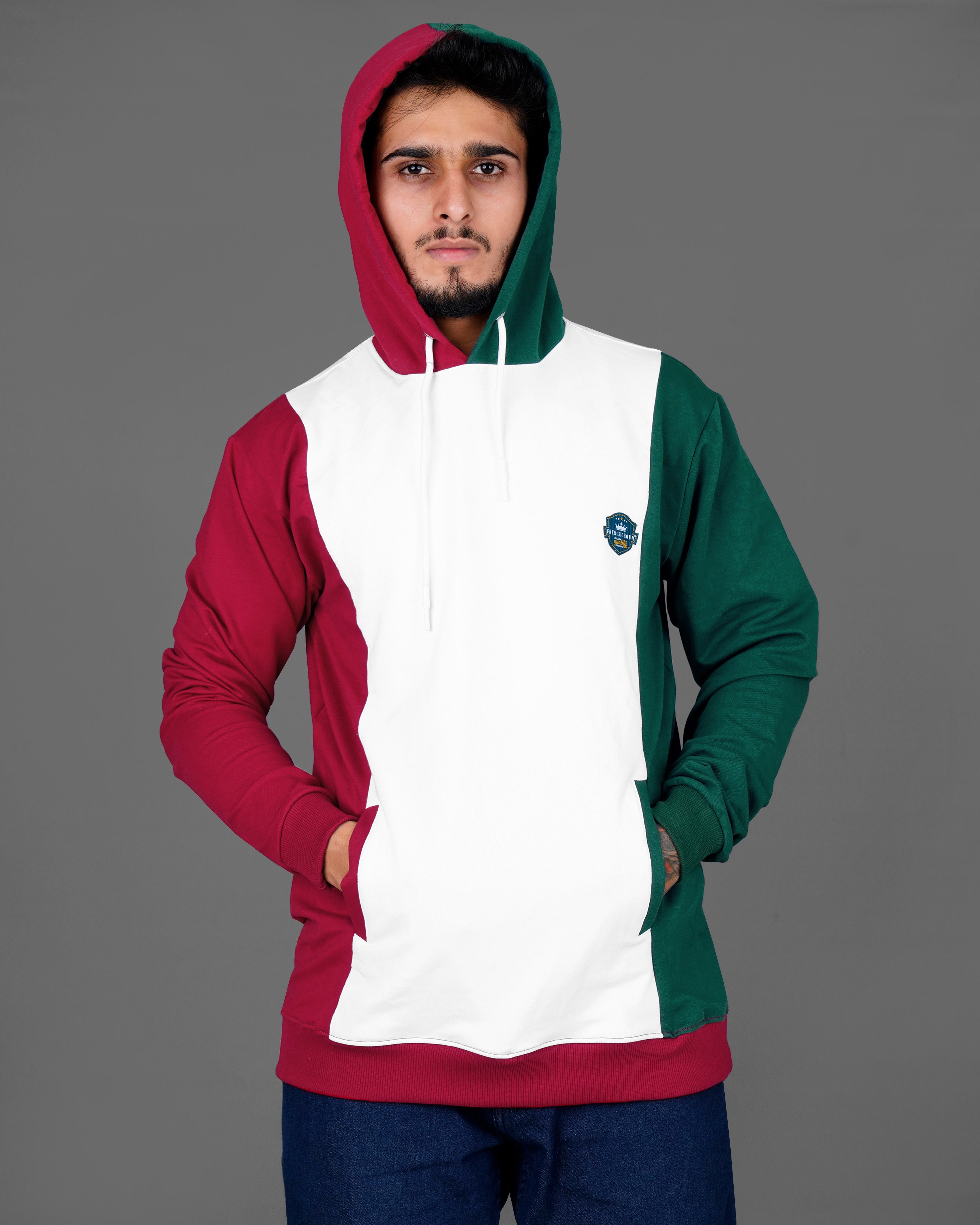 Bright White with Claret Red and Everglade Green Block Pattern Super Soft Premium Cotton Hoodie Sweatshirt TS609-S, TS609-M, TS609-L, TS609-XL, TS609-XXL