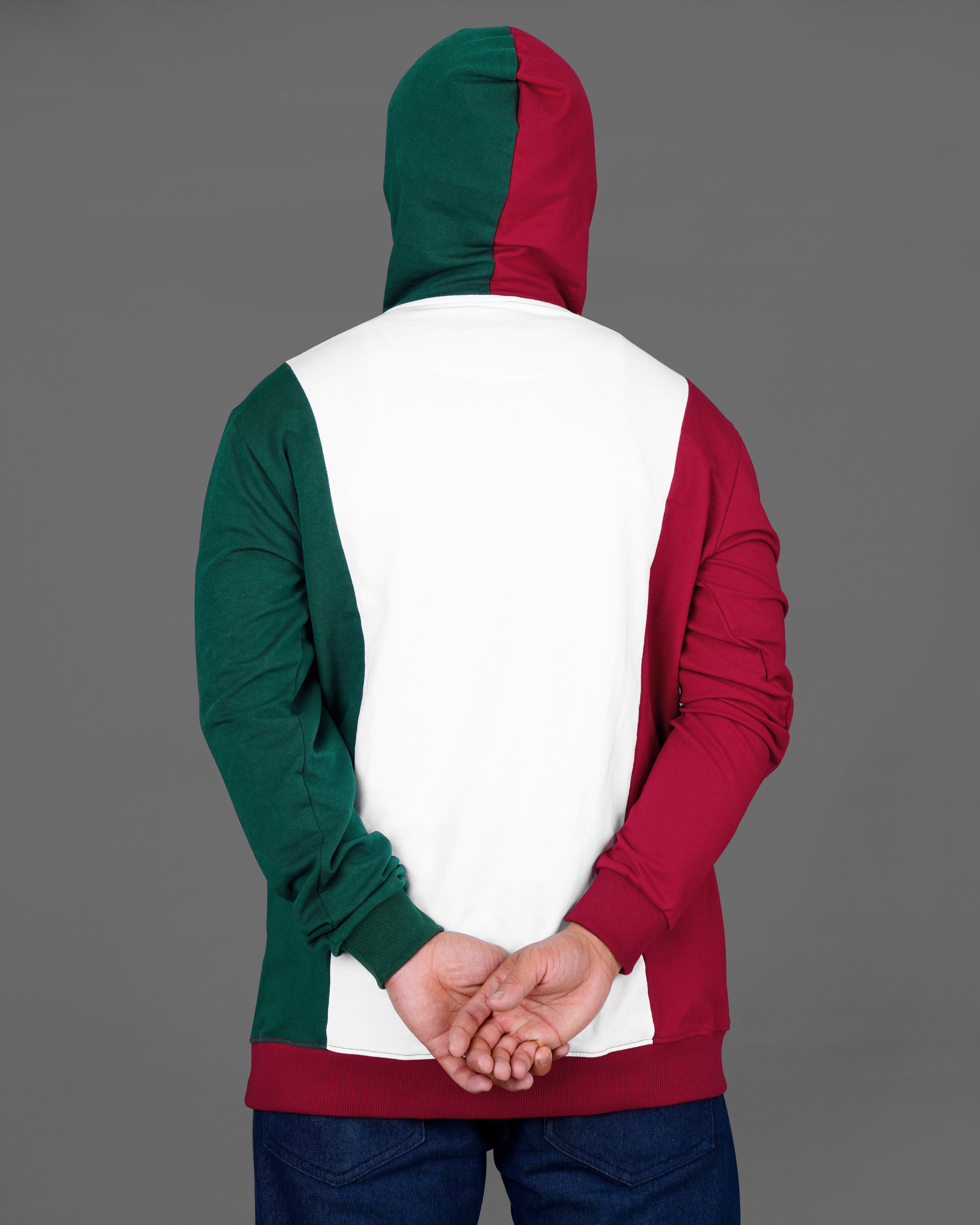 Bright White with Claret Red and Everglade Green Block Pattern Super Soft Premium Cotton Hoodie Sweatshirt TS609-S, TS609-M, TS609-L, TS609-XL, TS609-XXL