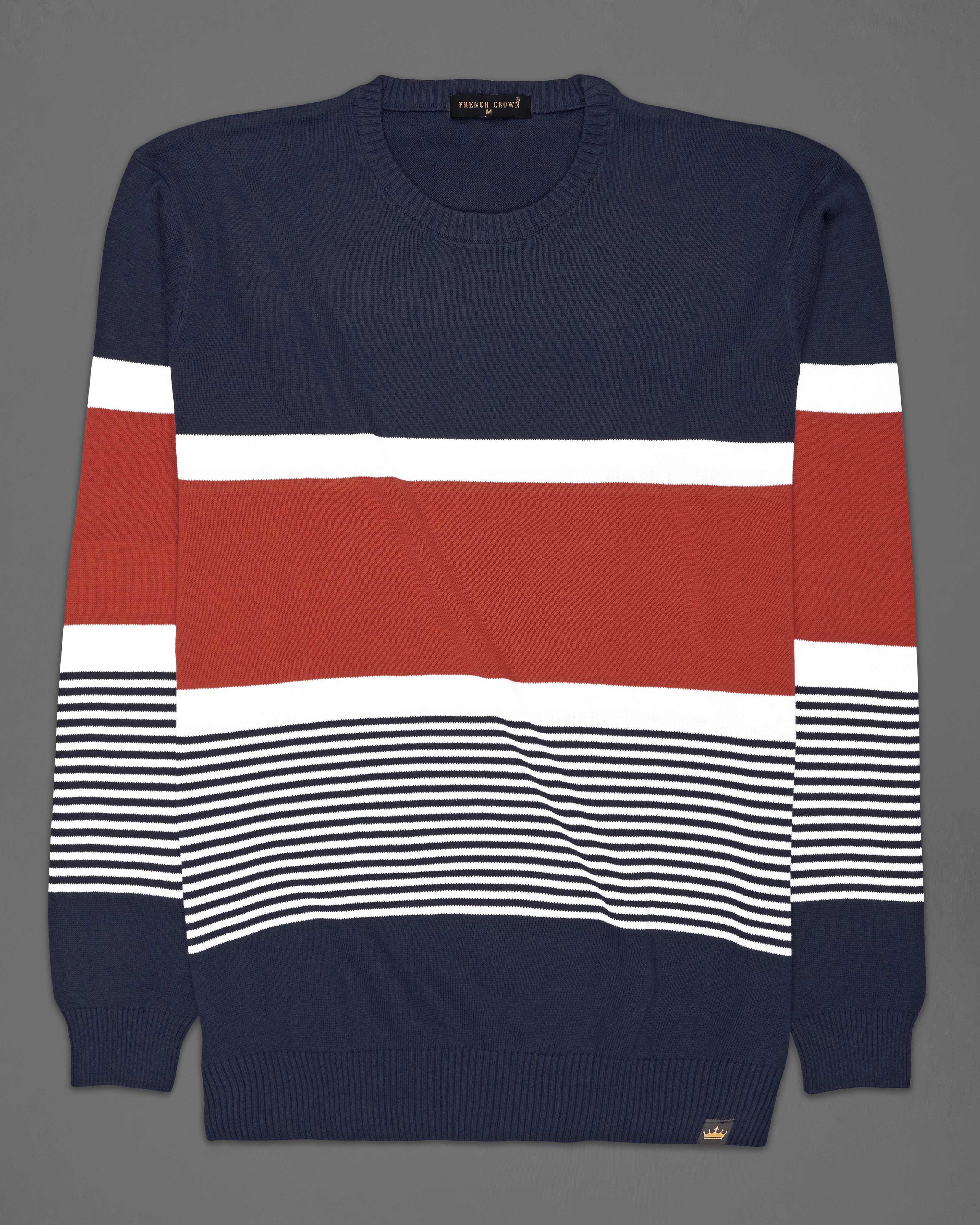 Ebony Navy Blue with Carmine Red and White Striped Premium Interlock Cotton Fabric Sweatshirt TS702-S, TS702-M, TS702-L, TS702-XL, TS702-XXL