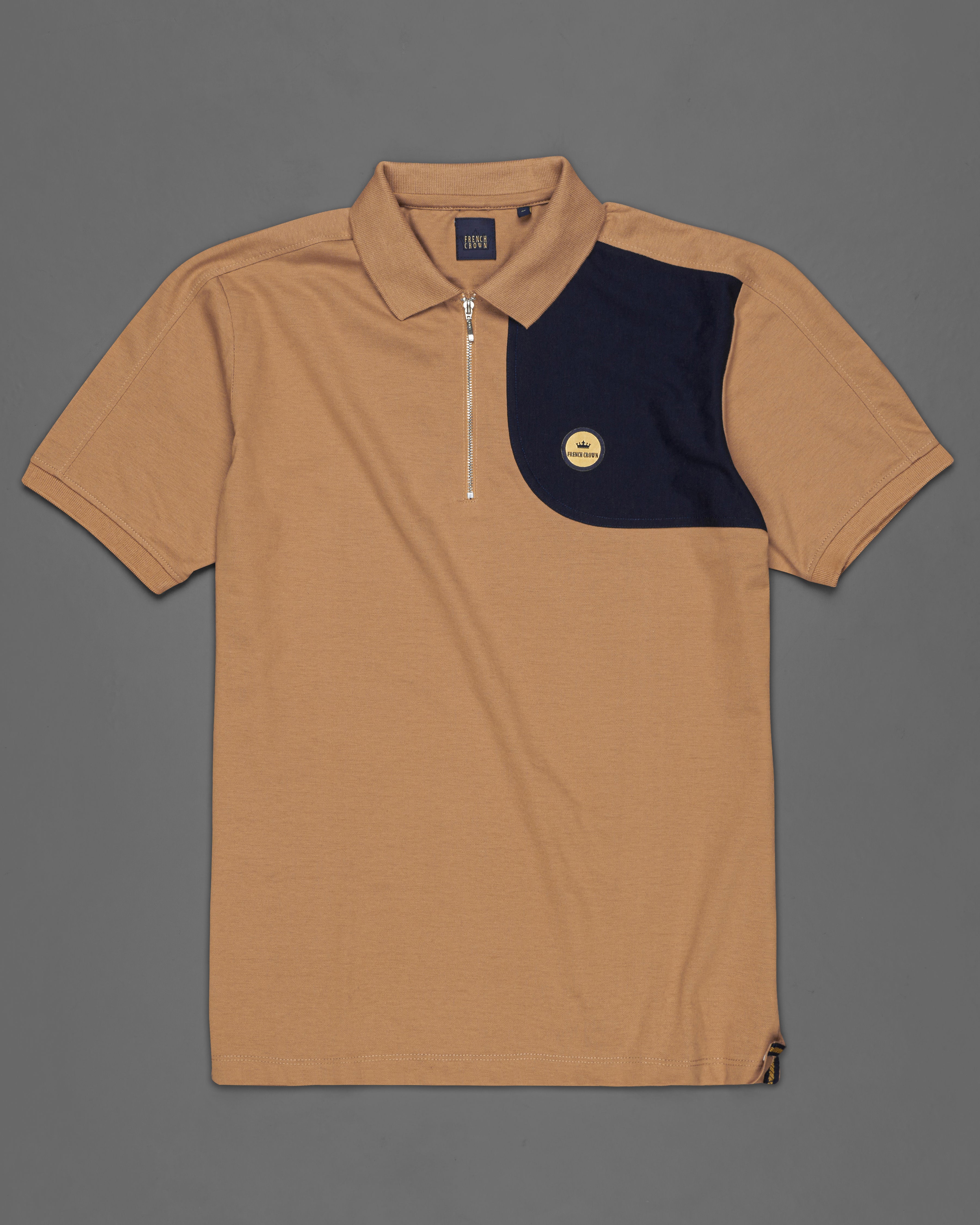 Muesli Brown with Navy Blue Patch work Organic Cotton Pique Polo TS751-S, TS751-M, TS751-L, TS751-XL, TS751-XXL
