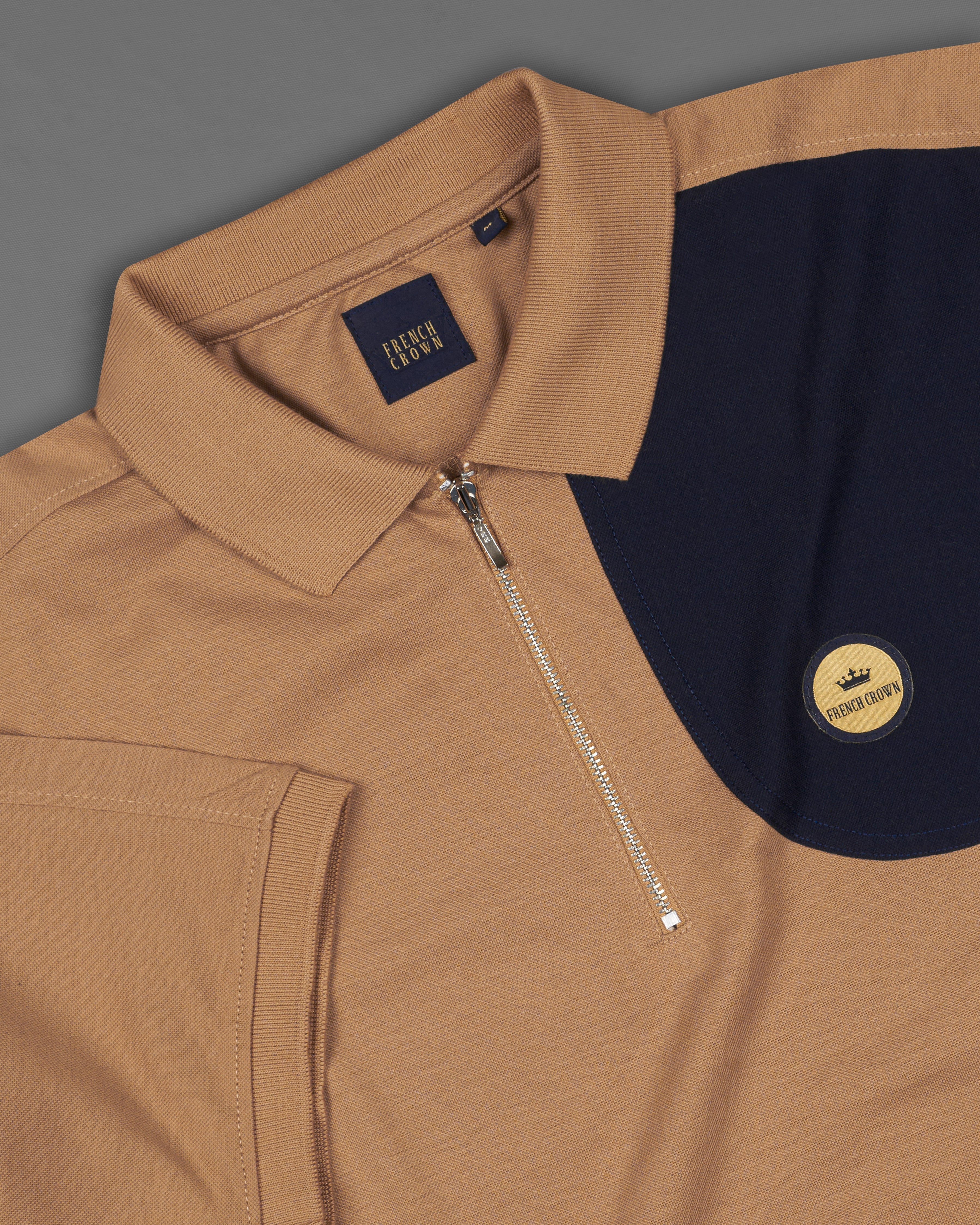 Muesli Brown with Navy Blue Patch work Organic Cotton Pique Polo TS751-S, TS751-M, TS751-L, TS751-XL, TS751-XXL