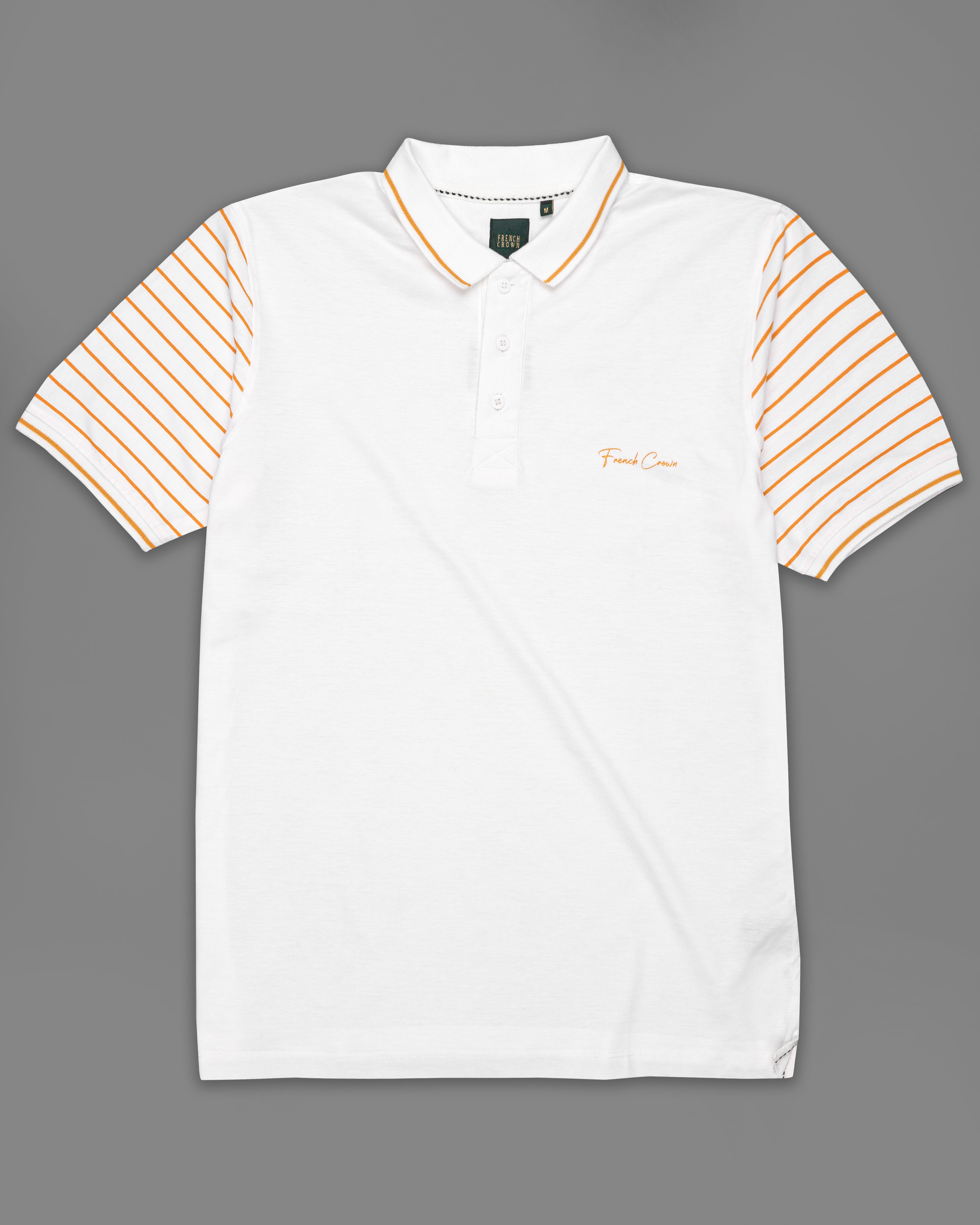 Bright White with Striped Printed Organic Cotton Mercerised Pique Polo TS828-S, TS828-M, TS828-L, TS828-XL, TS828-XXL