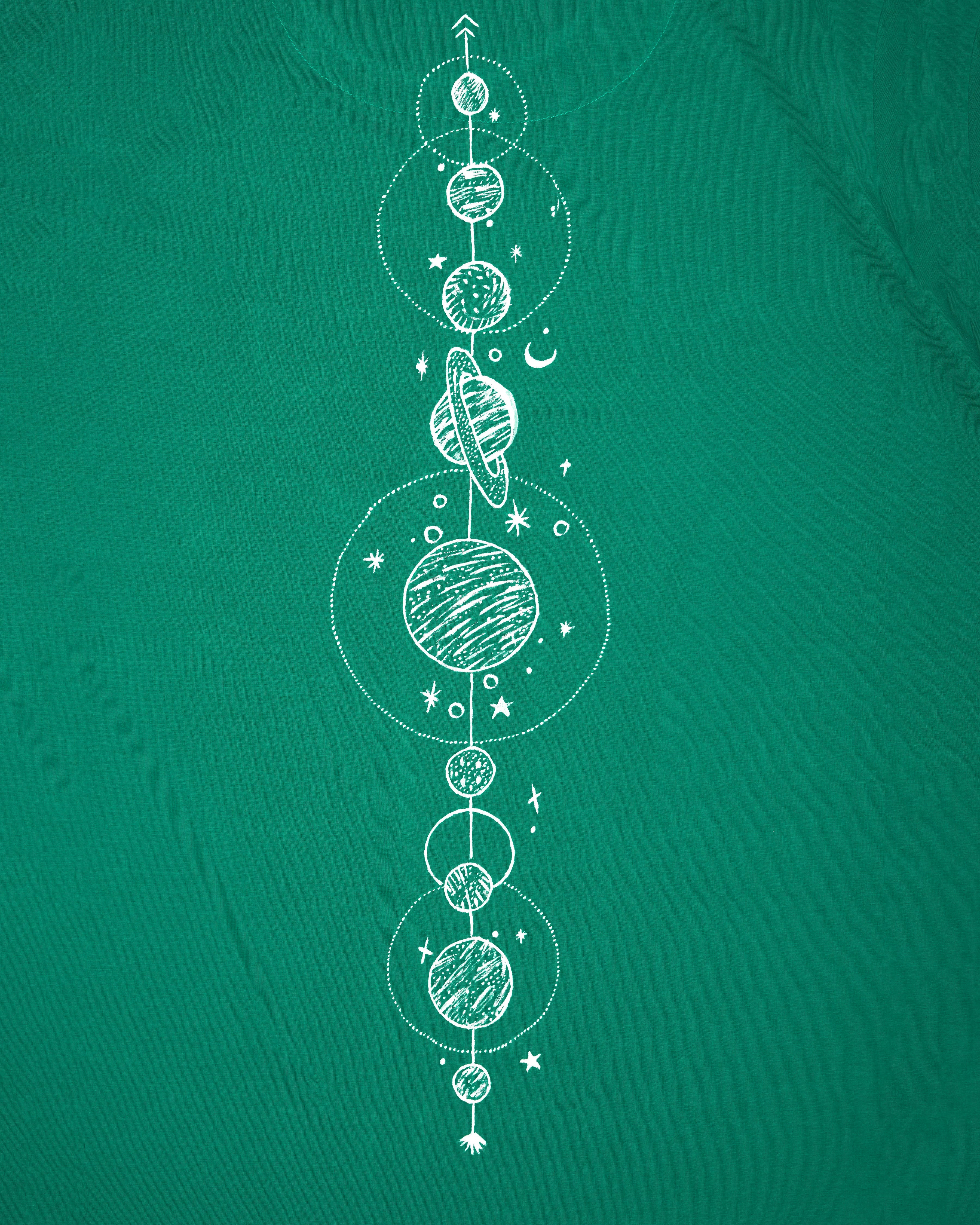 Tropical Green with Planets Hand Painted Premium Cotton T-shirt TS005-W010-S, TS005-W010-M, TS005-W010-L, TS005-W010-XL, TS005-W010-XXL