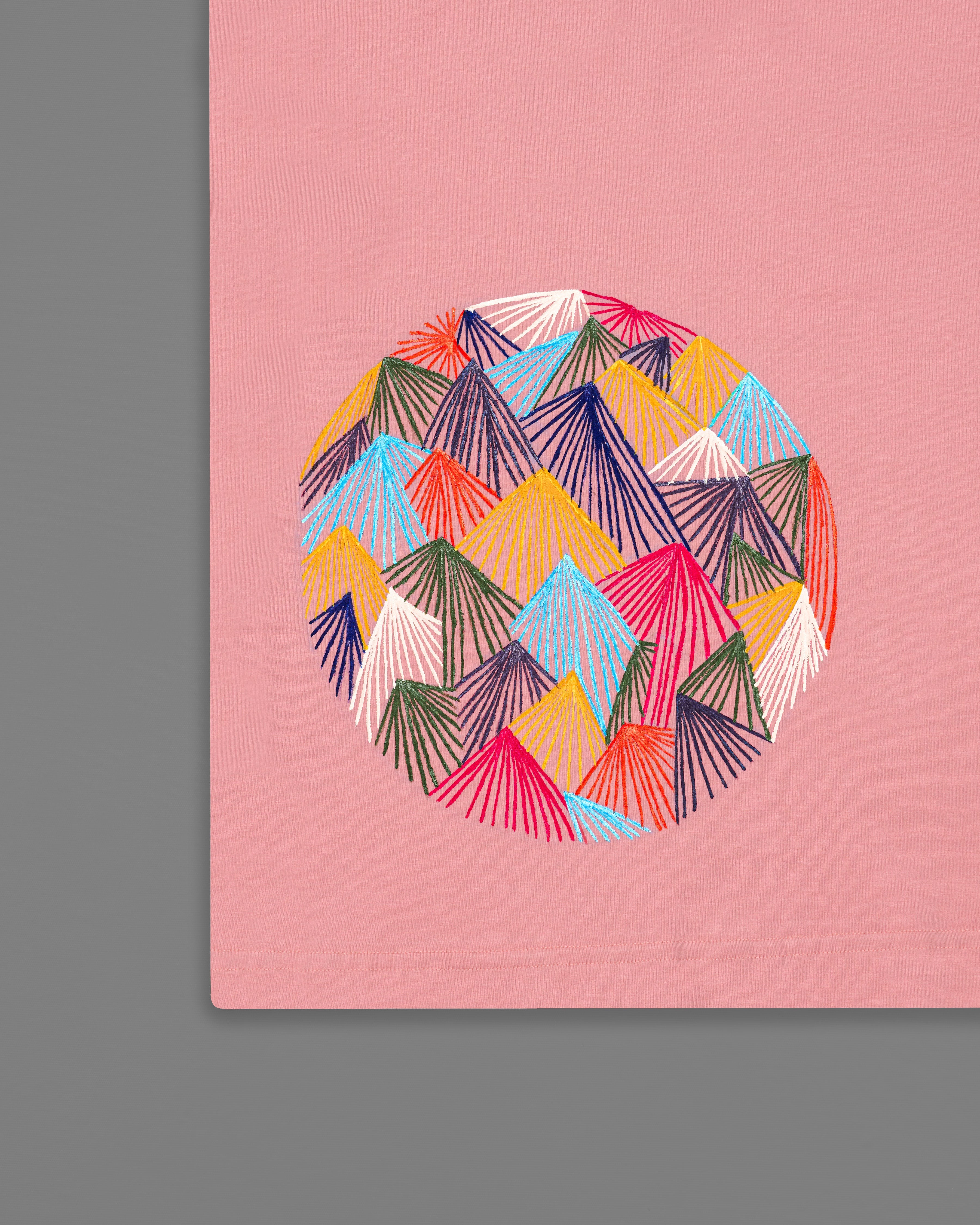 Light Thulian Pink with Multicolour Mountain Like Hand Painted Organic Cotton T-shirt TS007-W03-S, TS007-W03-M, TS007-W03-L, TS007-W03-XL, TS007-W03-XXL