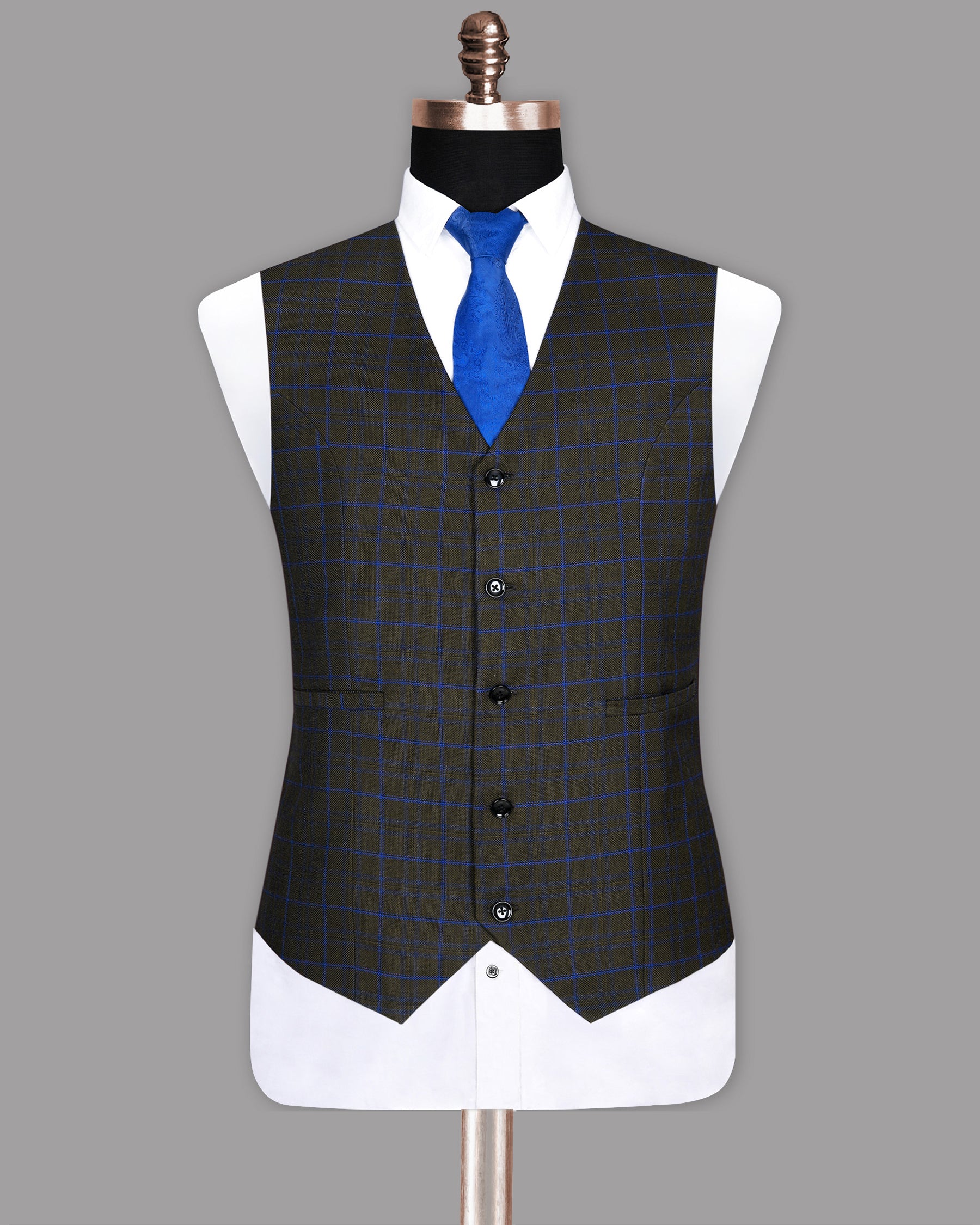 Wood Brown with Royal Blue windowpane Wool Waistcoat V179-36, V179-38, V179-40, V179-42, V179-50, V179-52, V179-54, V179-56, V179-58, V179-44, V179-46, V179-48, V179-60