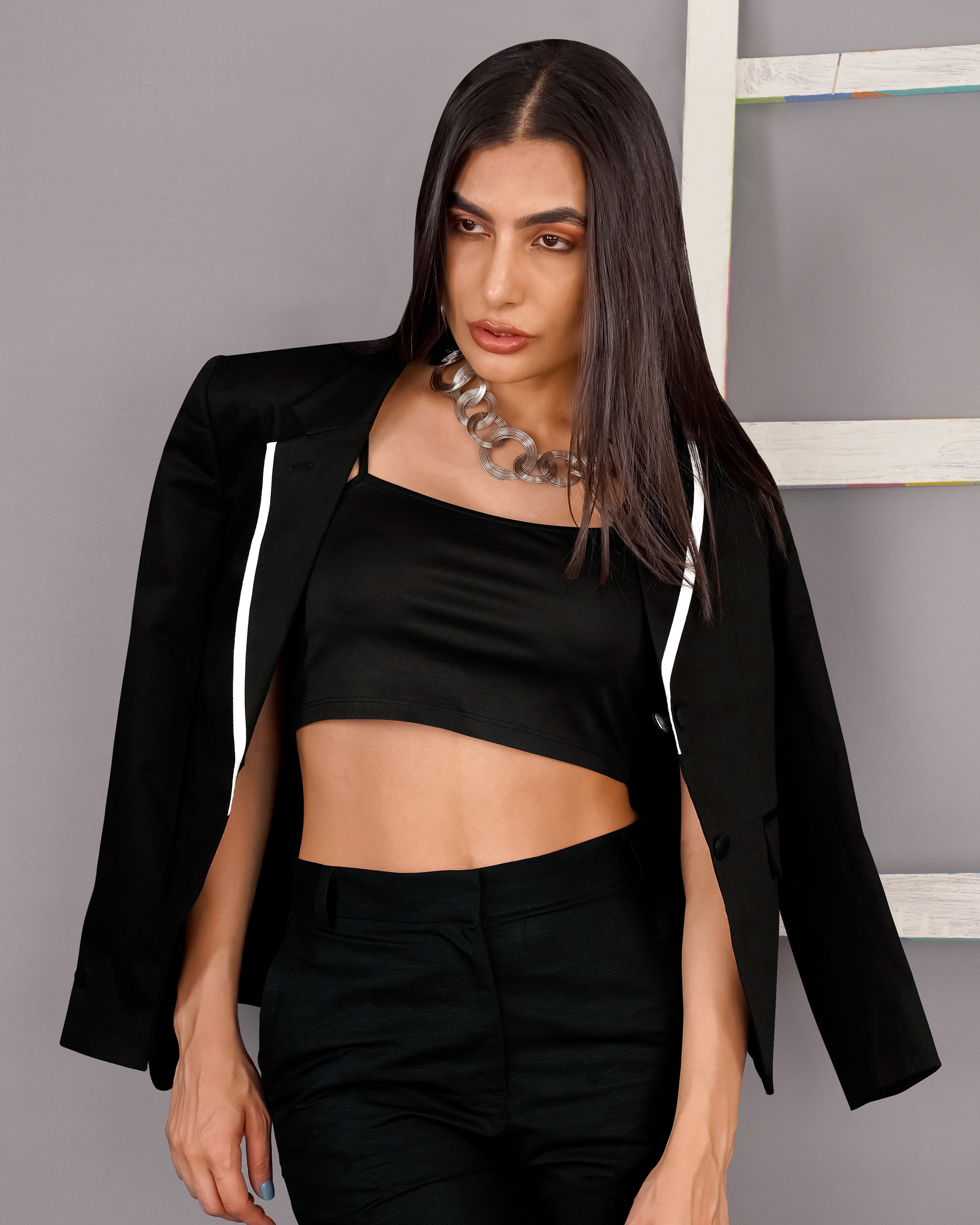 Jade Black with White Borders Premium Cotton Women's Blazer WBL003-SB-1B-FB-32, WBL003-SB-1B-FB-34, WBL003-SB-1B-FB-36, WBL003-SB-1B-FB-38, WBL003-SB-1B-FB-40, WBL003-SB-1B-FB-42