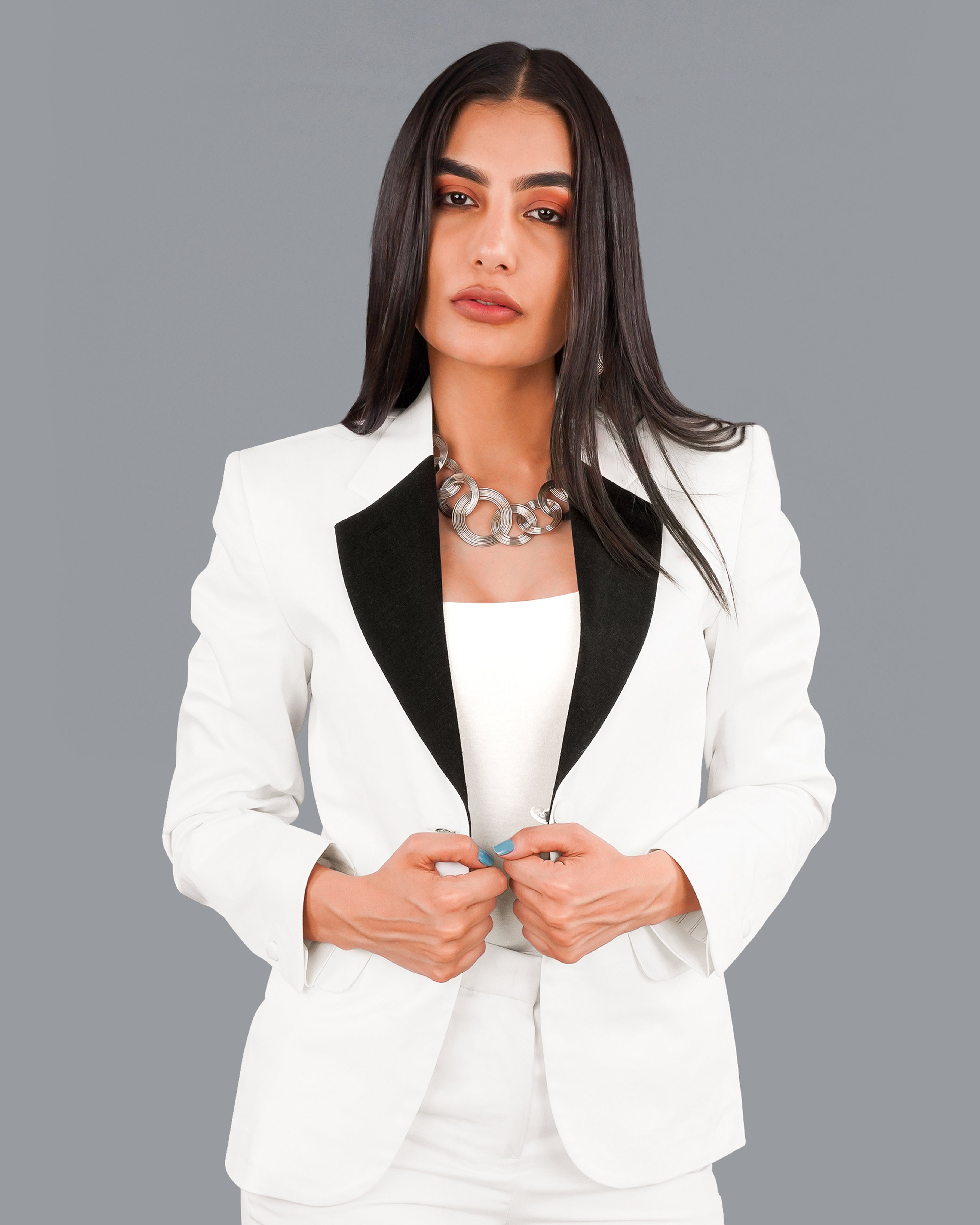 Bright White with Black Patch Collar Premium Cotton Women's Blazer WBL005-SB-BKPL-FB-32, WBL005-SB-BKPL-FB-34, WBL005-SB-BKPL-FB-36, WBL005-SB-BKPL-FB-38, WBL005-SB-BKPL-FB-40, WBL005-SB-BKPL-FB-42