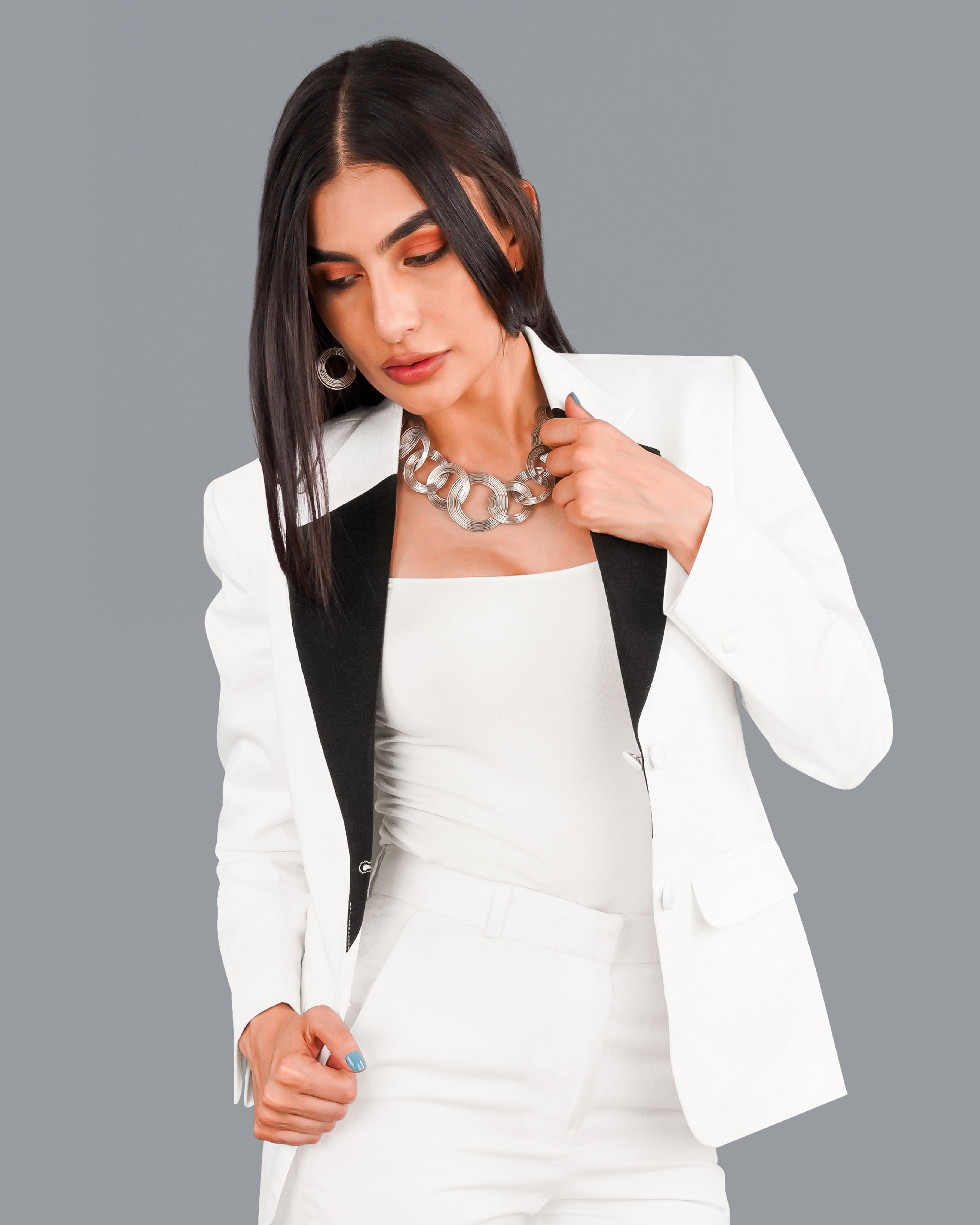 Bright White with Black Patch Collar Premium Cotton Women's Blazer WBL005-SB-BKPL-FB-32, WBL005-SB-BKPL-FB-34, WBL005-SB-BKPL-FB-36, WBL005-SB-BKPL-FB-38, WBL005-SB-BKPL-FB-40, WBL005-SB-BKPL-FB-42