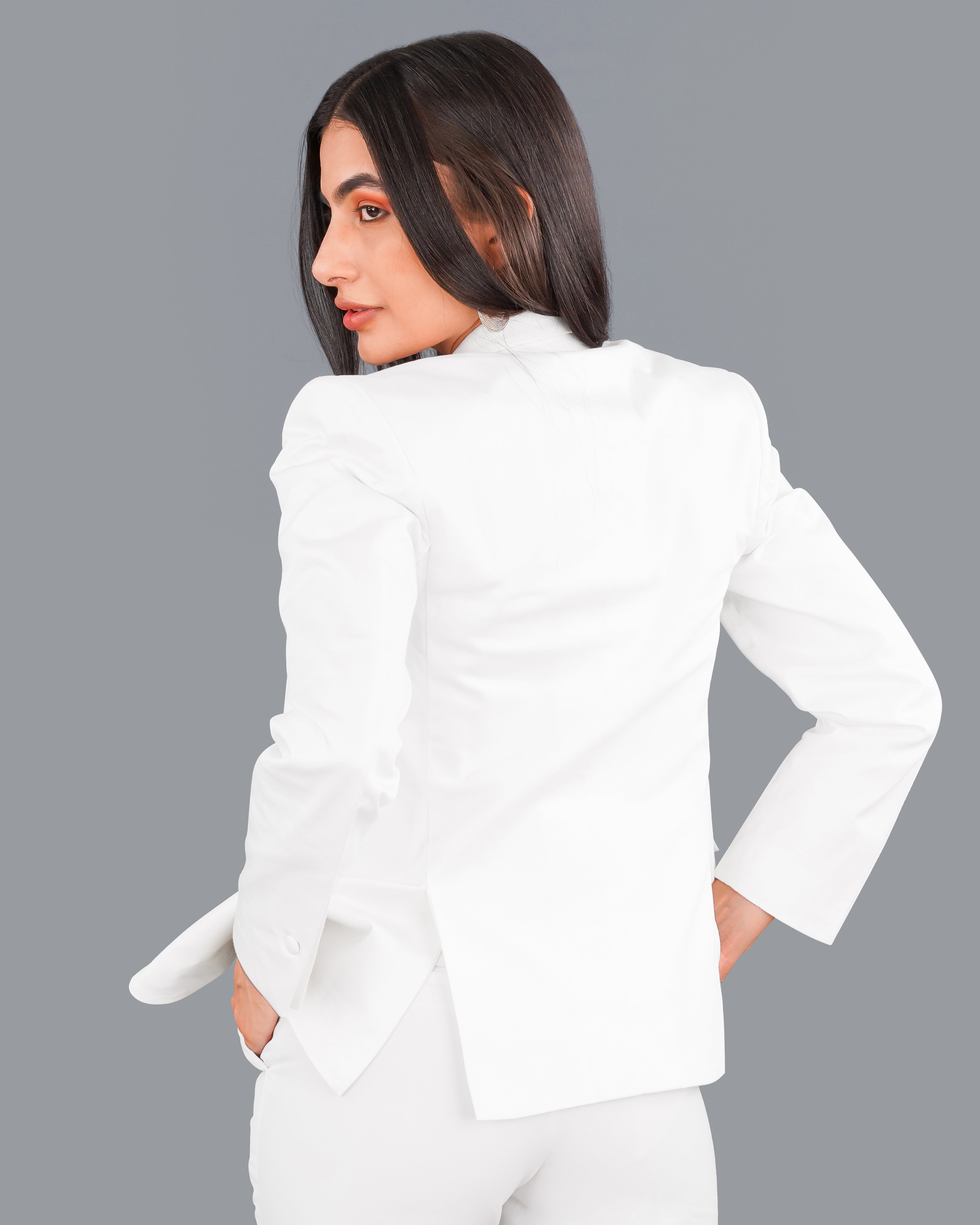 Bright White with Black Patch Collar Premium Cotton Women's Blazer WBL005-SB-BKPL-FB-32, WBL005-SB-BKPL-FB-34, WBL005-SB-BKPL-FB-36, WBL005-SB-BKPL-FB-38, WBL005-SB-BKPL-FB-40, WBL005-SB-BKPL-FB-42