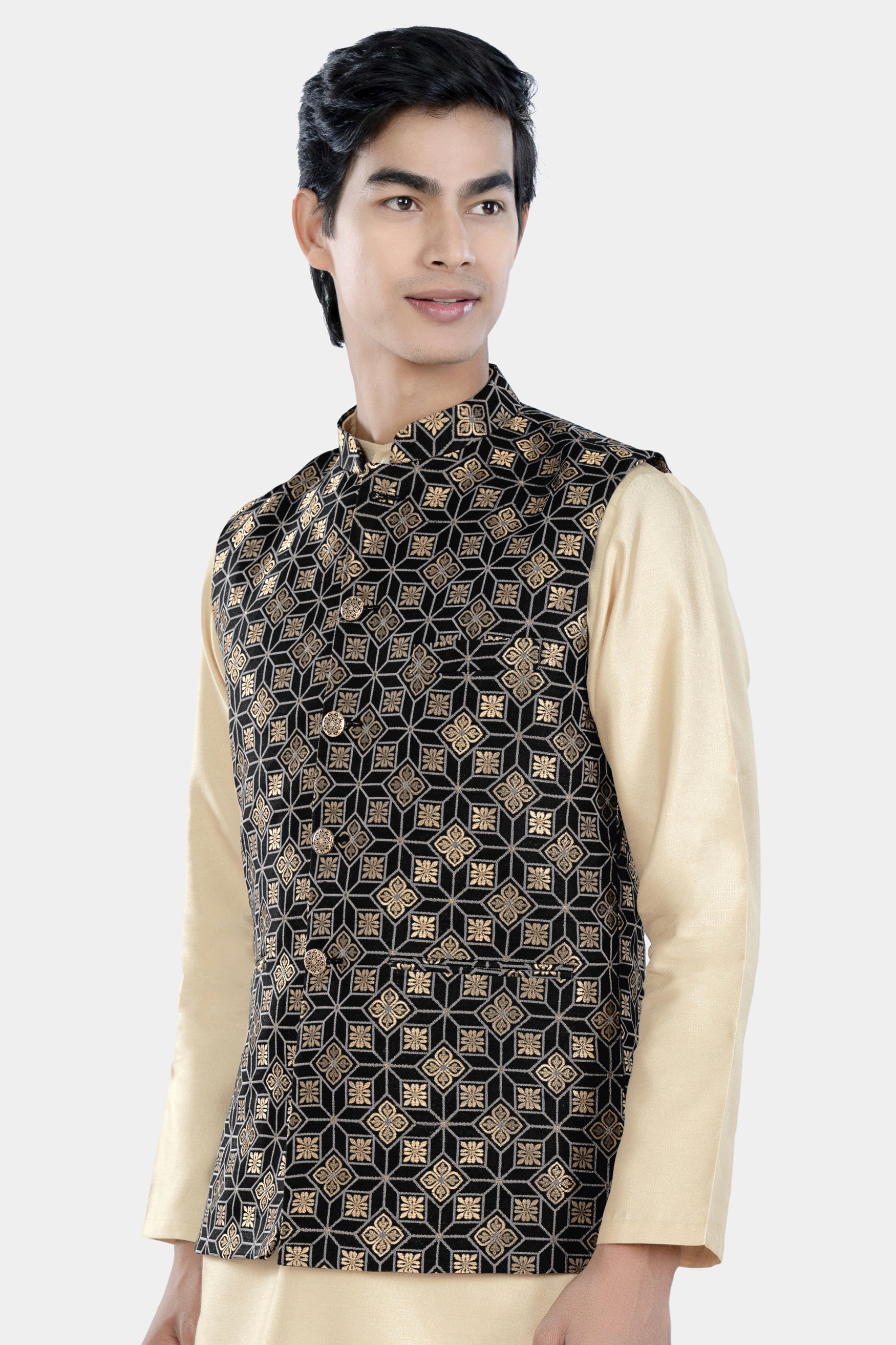 Cinder Black and Tan Brown Geometric Jacquard Textured Designer Nehru Jacket