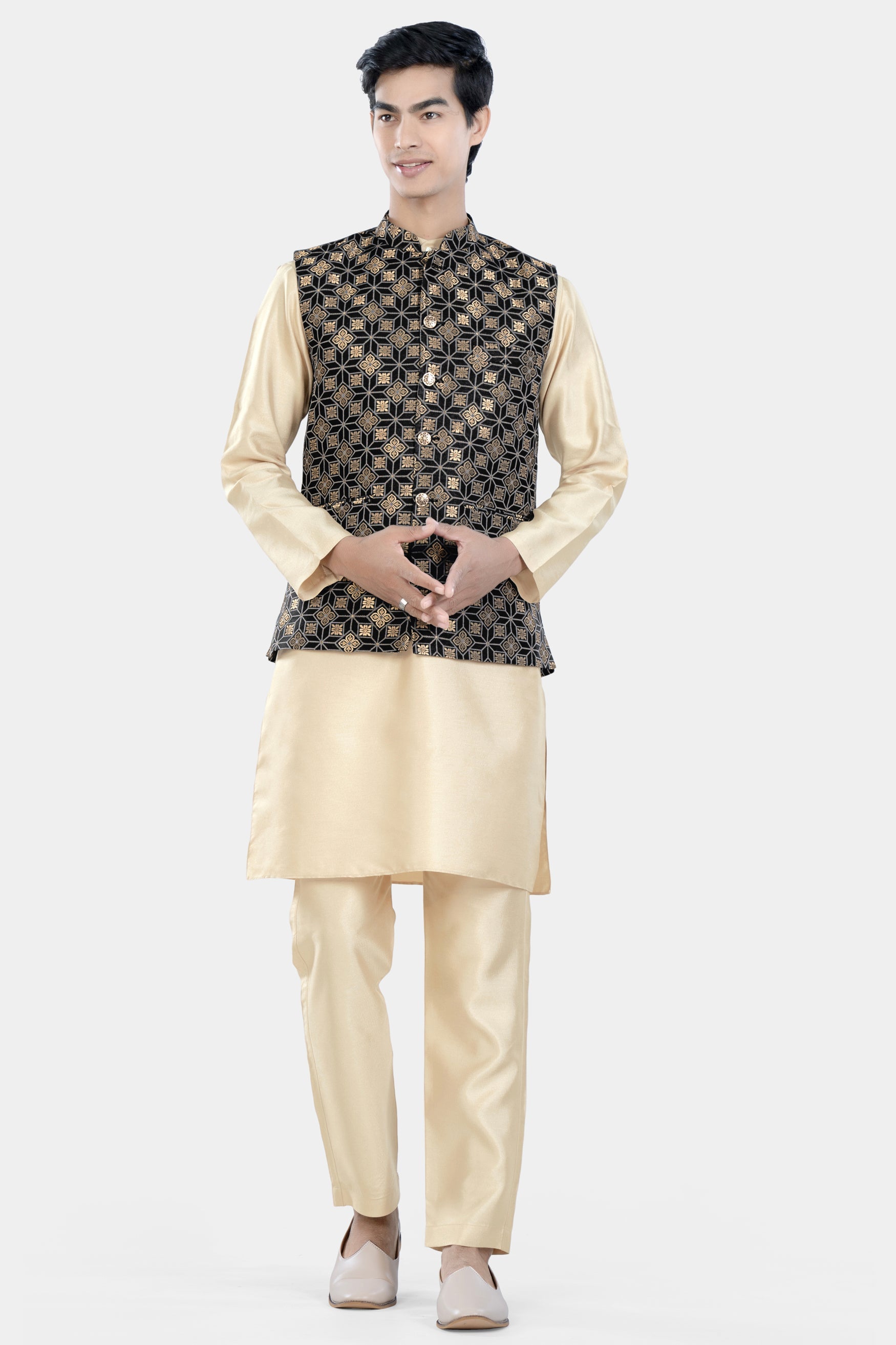 Cinder Black and Tan Brown Geometric Jacquard Textured Designer Nehru Jacket