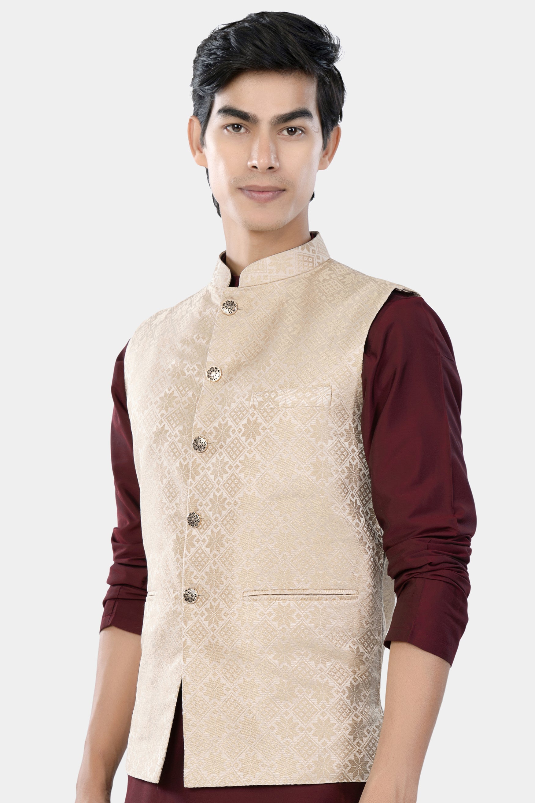 Merino and Almond Cream Geometric Jacquard Textured Designer Nehru Jacket WC3460-36,  WC3460-38,  WC3460-40,  WC3460-42,  WC3460-44,  WC3460-46,  WC3460-48,  WC3460-50,  WC3460-52,  WC3460-54,  WC3460-56,  WC3460-58,  WC3460-60
