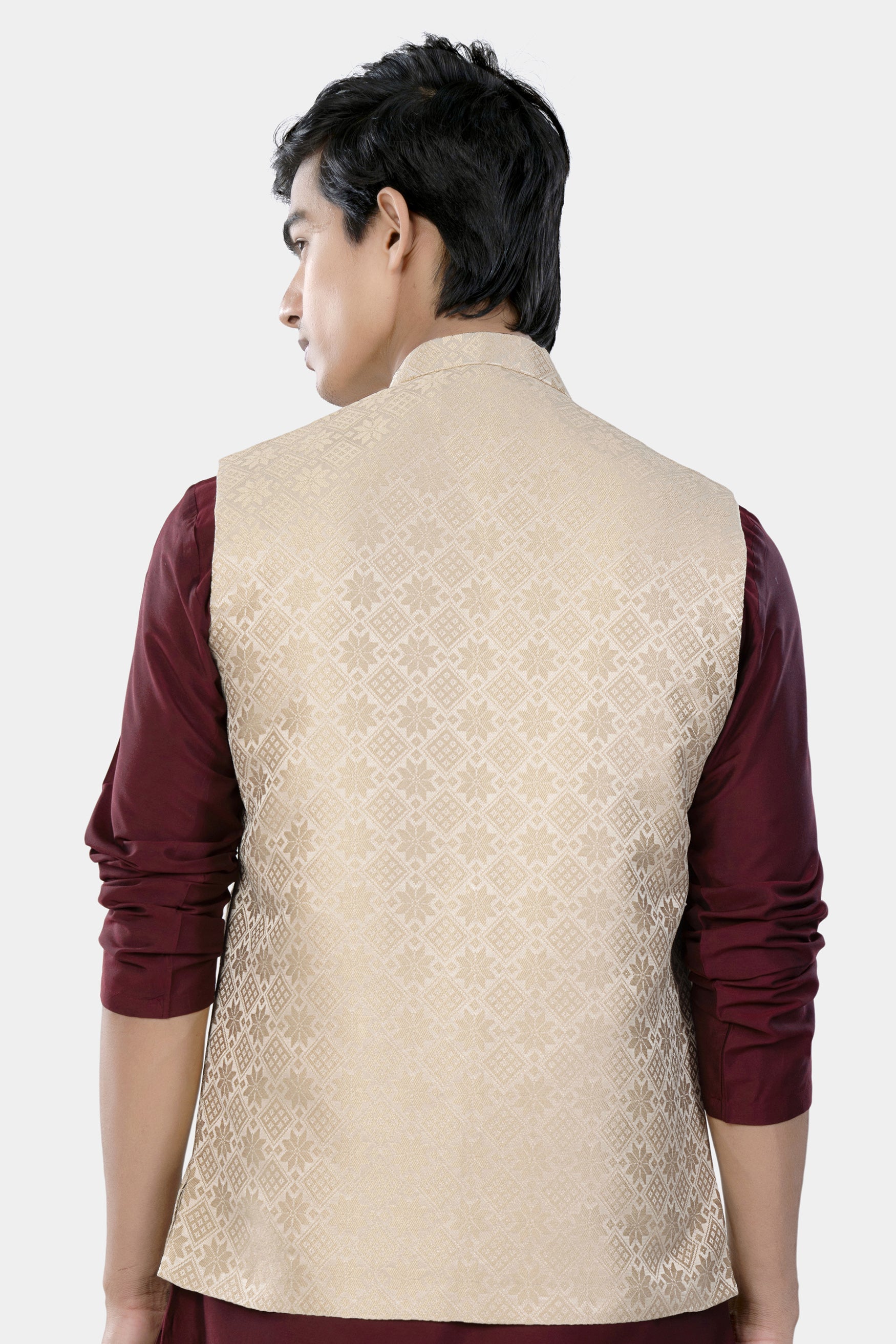 Merino and Almond Cream Geometric Jacquard Textured Designer Nehru Jacket WC3460-36,  WC3460-38,  WC3460-40,  WC3460-42,  WC3460-44,  WC3460-46,  WC3460-48,  WC3460-50,  WC3460-52,  WC3460-54,  WC3460-56,  WC3460-58,  WC3460-60