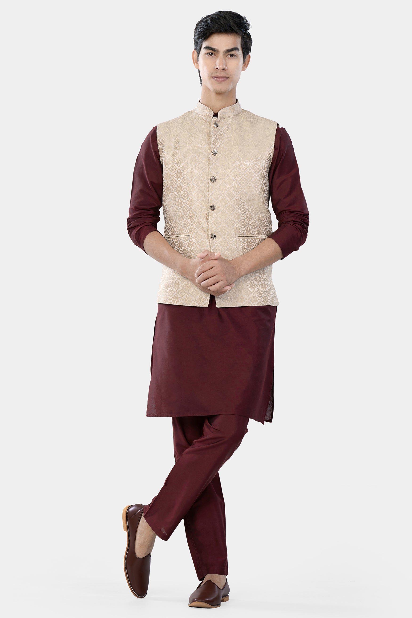 Merino and Almond Cream Geometric Jacquard Textured Designer Nehru Jacket WC3460-36,  WC3460-38,  WC3460-40,  WC3460-42,  WC3460-44,  WC3460-46,  WC3460-48,  WC3460-50,  WC3460-52,  WC3460-54,  WC3460-56,  WC3460-58,  WC3460-60