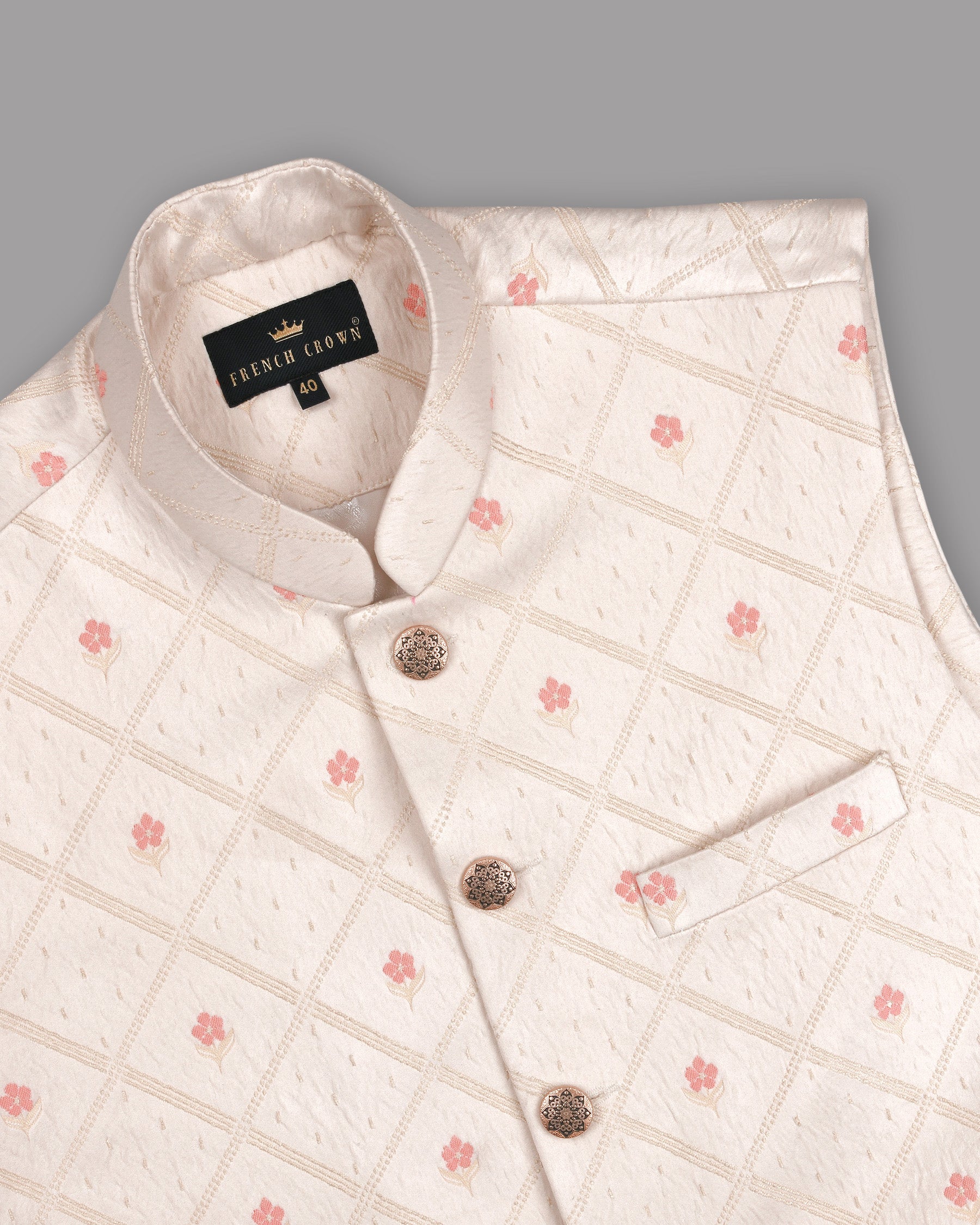 Almond-Tony’s Pink Jacquard Nehru Jacket WC1185-40, WC1185-56, WC1185-60, WC1185-58, WC1185-50, WC1185-54, WC1185-36, WC1185-38, WC1185-46, WC1185-52, WC1185-42, WC1185-48, WC1185-44