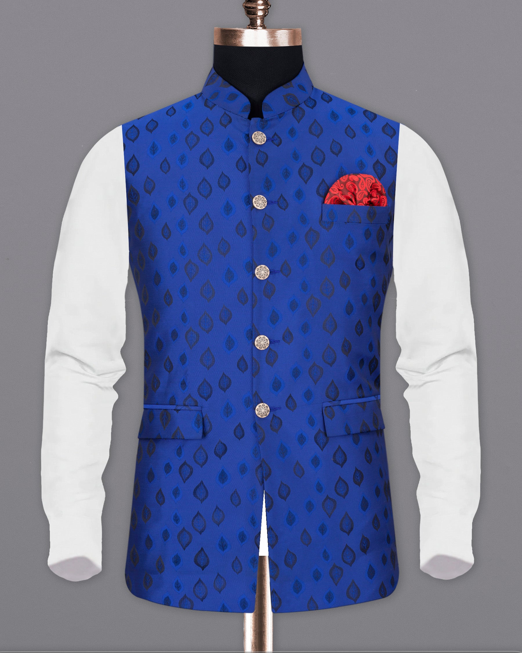 Royal Azure Blue Leaves Jacquard Textured Nehru Jacket WC1678-36, WC1678-38, WC1678-40, WC1678-42, WC1678-44, WC1678-46, WC1678-48, WC1678-50, WC1678-52, WC1678-54, WC1678-56, WC1678-58, WC1678-60