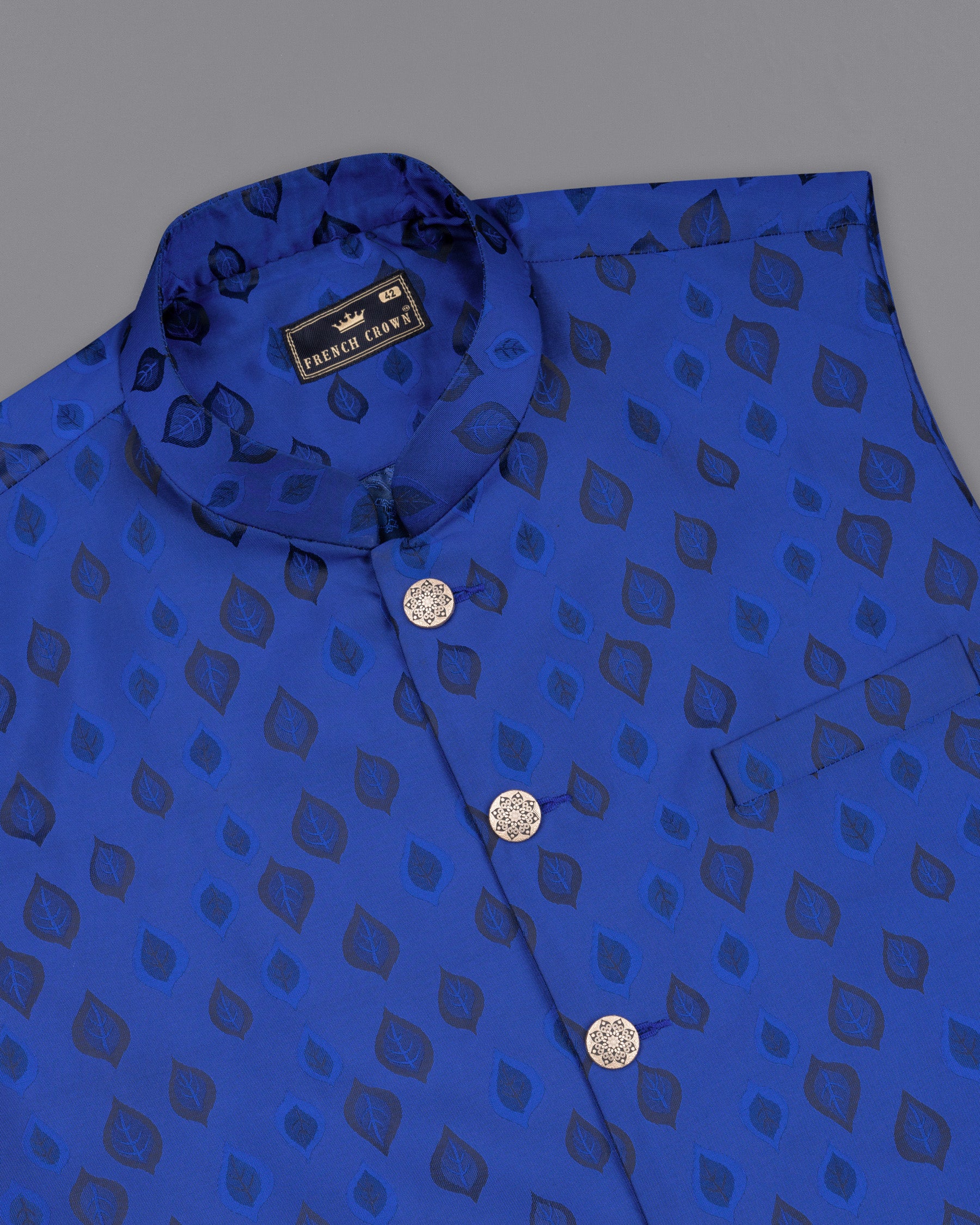 Royal Azure Blue Leaves Jacquard Textured Nehru Jacket