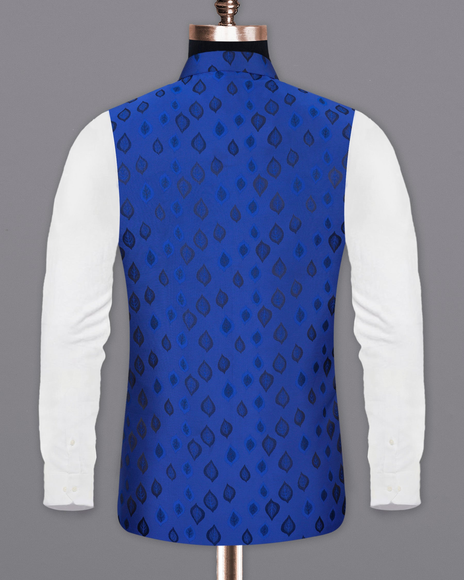 Royal Azure Blue Leaves Jacquard Textured Nehru Jacket WC1678-36, WC1678-38, WC1678-40, WC1678-42, WC1678-44, WC1678-46, WC1678-48, WC1678-50, WC1678-52, WC1678-54, WC1678-56, WC1678-58, WC1678-60