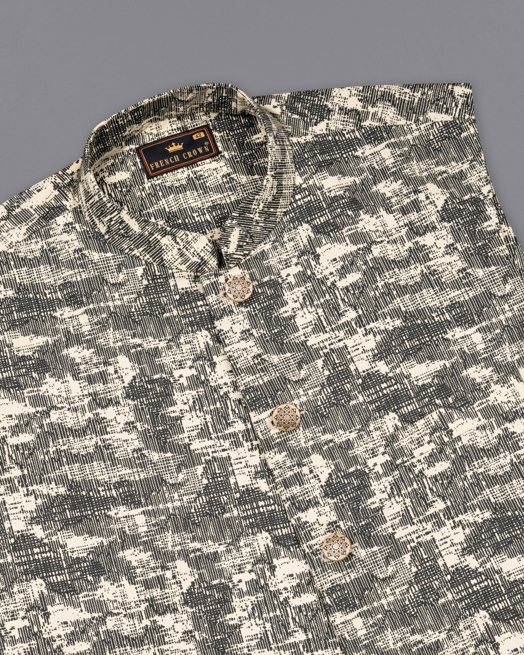 Bastille and Champagne Beige Abstract Print Nehru Jacket WC1680-36, WC1680-38, WC1680-40, WC1680-42, WC1680-44, WC1680-46, WC1680-48, WC1680-50, WC1680-52, WC1680-54, WC1680-56, WC1680-58, WC1680-60