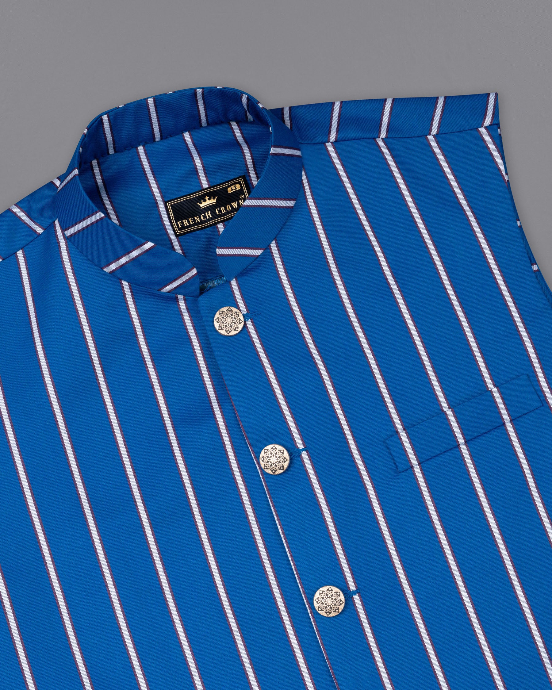 Royal Azure with wenge colour Striped Nehru Jacket WC1776-36, WC1776-38, WC1776-40, WC1776-42, WC1776-44, WC1776-46, WC1776-48, WC1776-50, WC1776-52, WC1776-54, WC1776-56, WC1776-58, WC1776-60