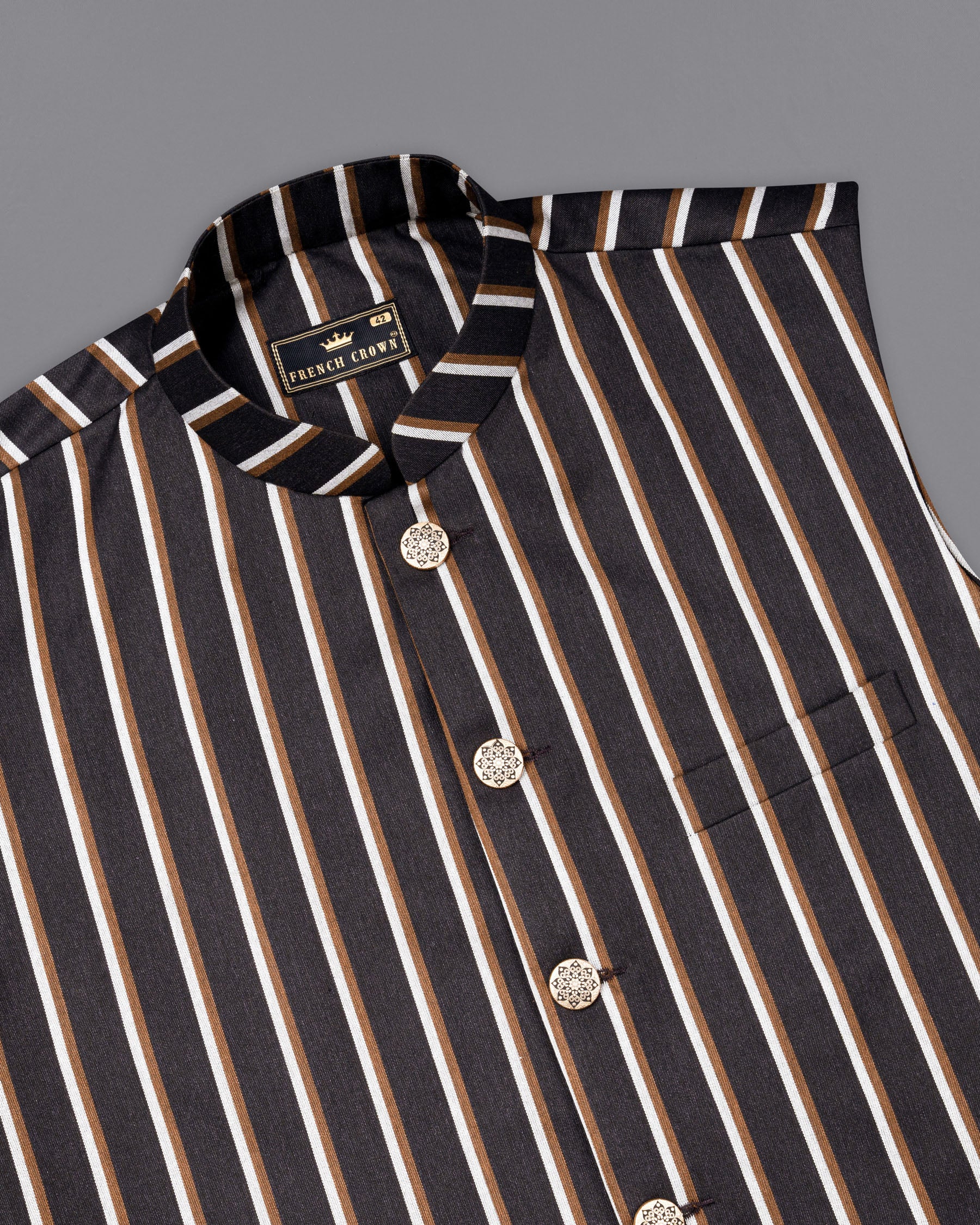 Thunder Brown Striped Nehru Jacket WC1777-36, WC1777-38, WC1777-40, WC1777-42, WC1777-44, WC1777-46, WC1777-48, WC1777-50, WC1777-52, WC1777-54, WC1777-56, WC1777-58, WC1777-60