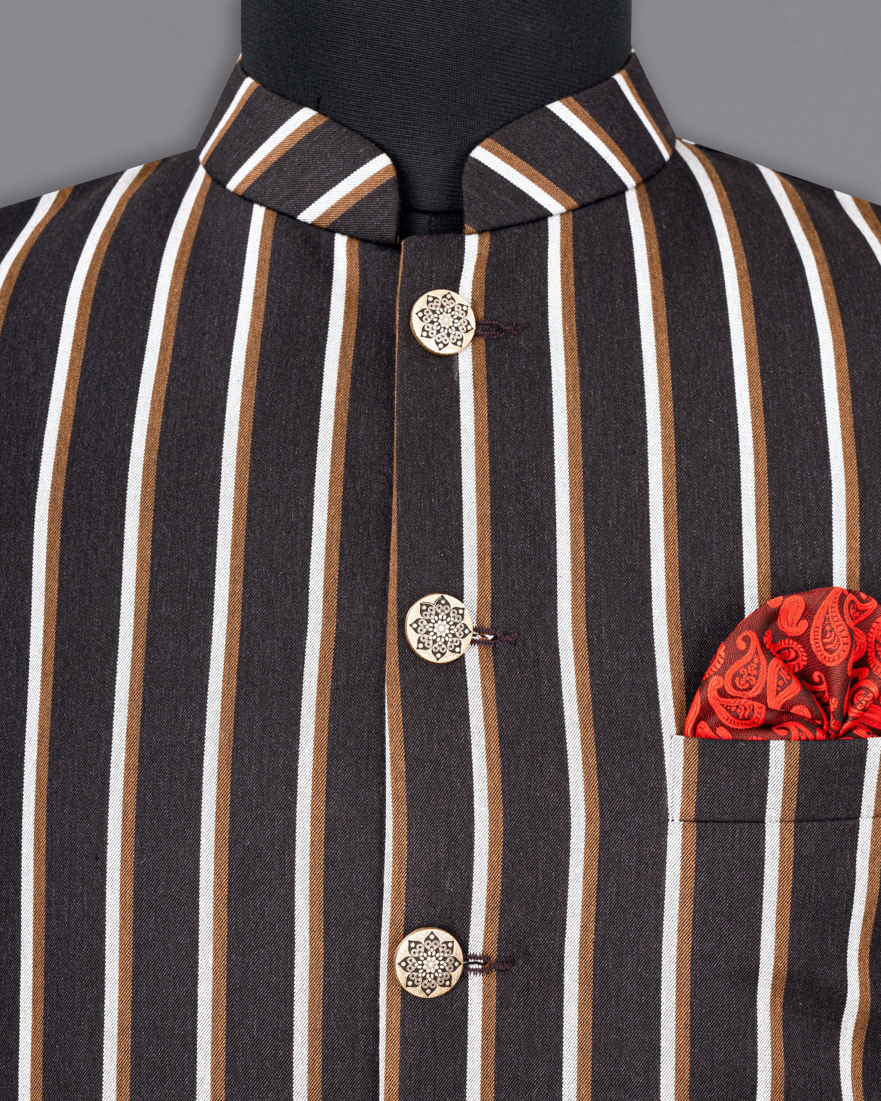 Thunder Brown Striped Nehru Jacket WC1777-36, WC1777-38, WC1777-40, WC1777-42, WC1777-44, WC1777-46, WC1777-48, WC1777-50, WC1777-52, WC1777-54, WC1777-56, WC1777-58, WC1777-60
